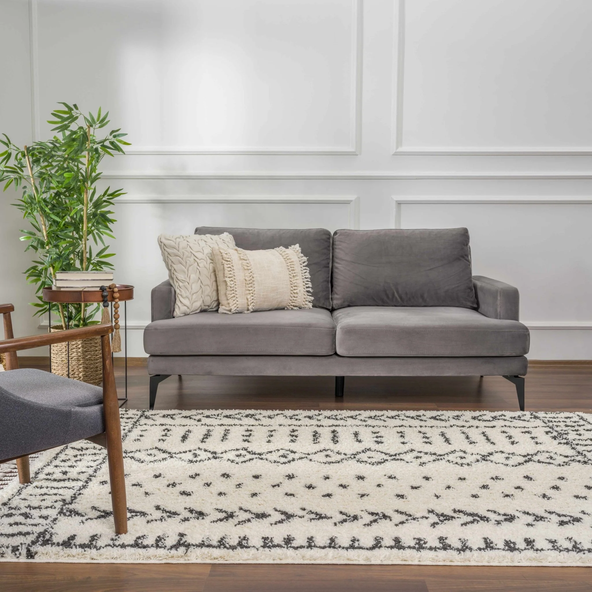 Traditional Beige and Charcoal Machine Woven Moroccan Multi size Tribal Trellis Plush Pile Turkish Rug - Image 19
