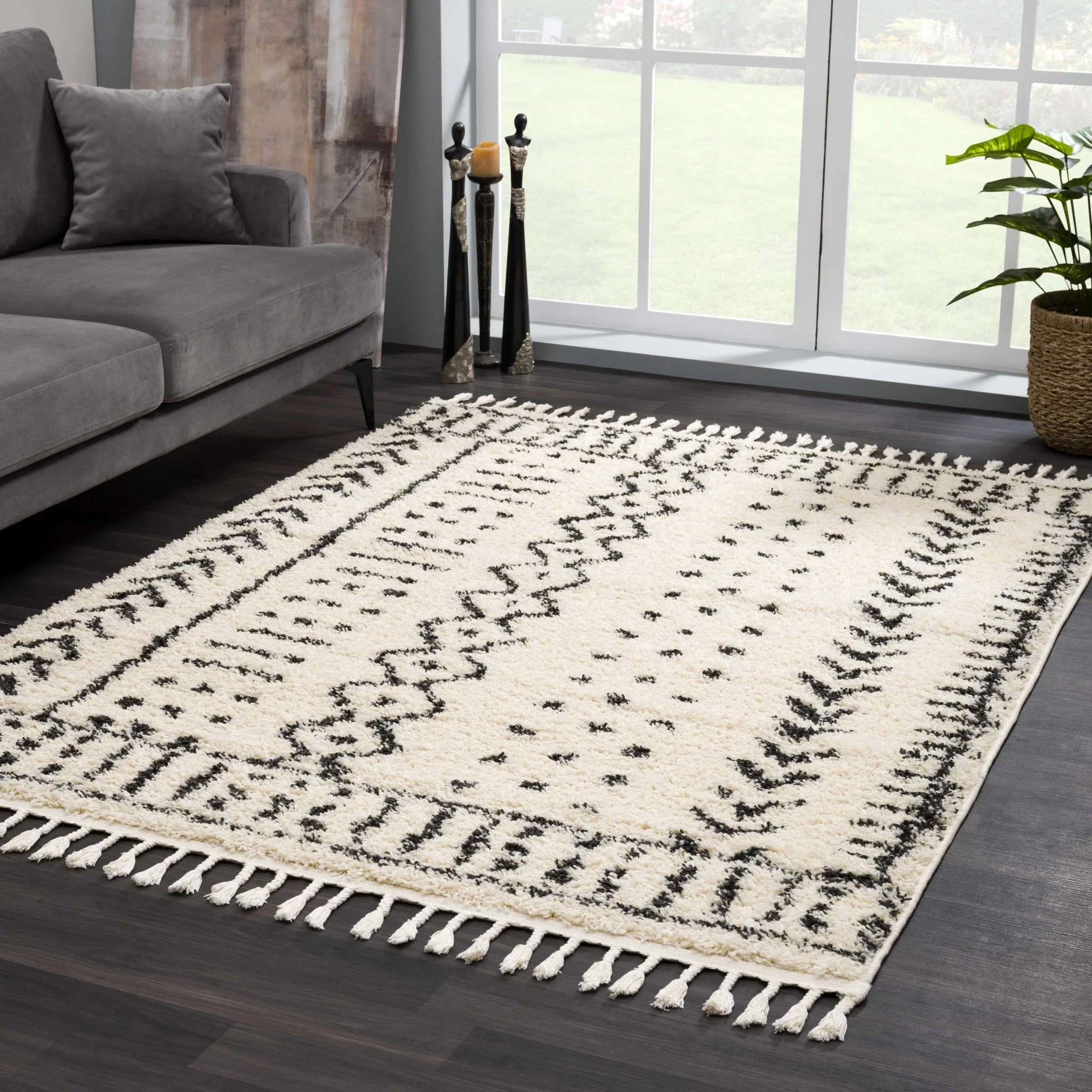 Traditional Beige and Charcoal Machine Woven Moroccan Multi size Tribal Trellis Plush Pile Turkish Rug - Image 20