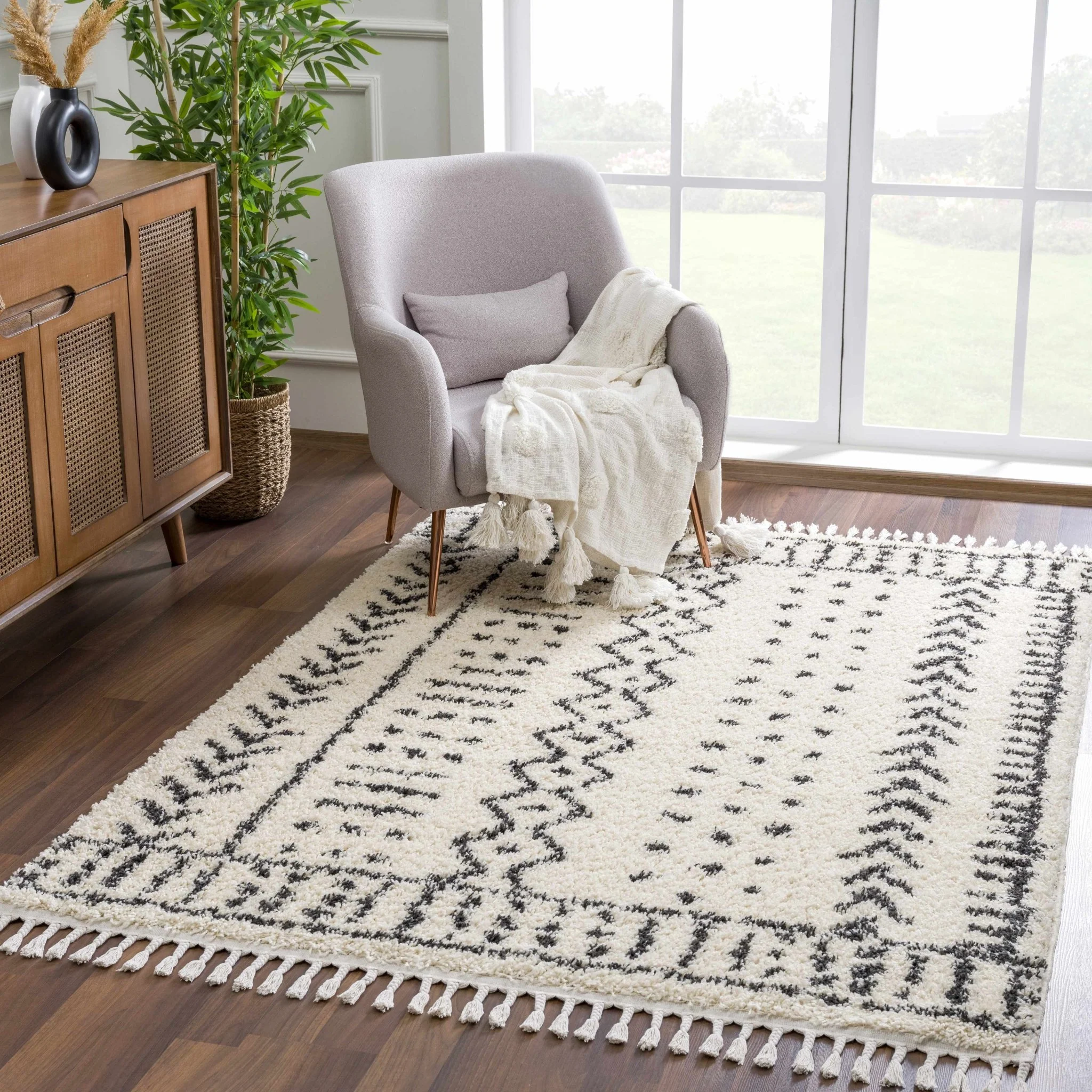 Traditional Beige and Charcoal Machine Woven Moroccan Multi size Tribal Trellis Plush Pile Turkish Rug - Image 21