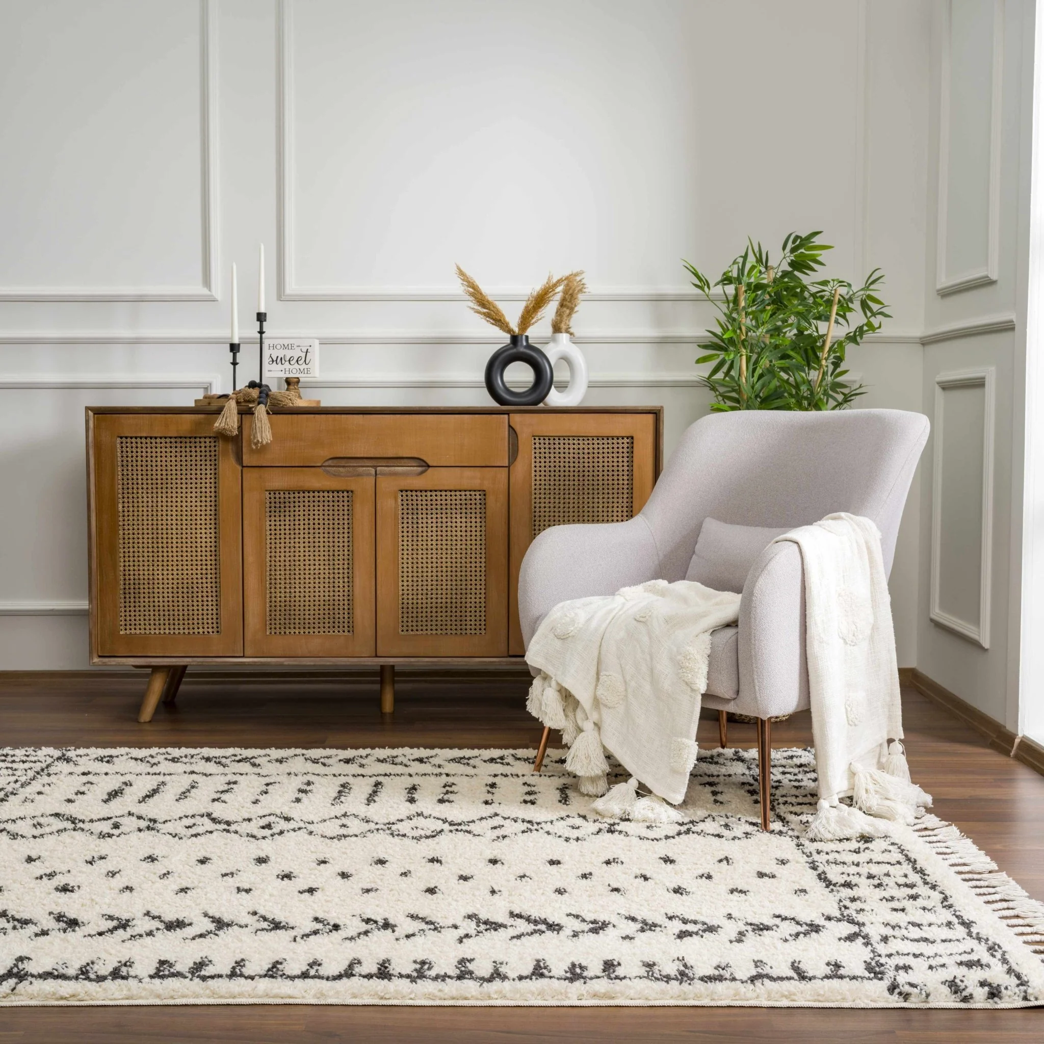 Traditional Beige and Charcoal Machine Woven Moroccan Multi size Tribal Trellis Plush Pile Turkish Rug - Image 22