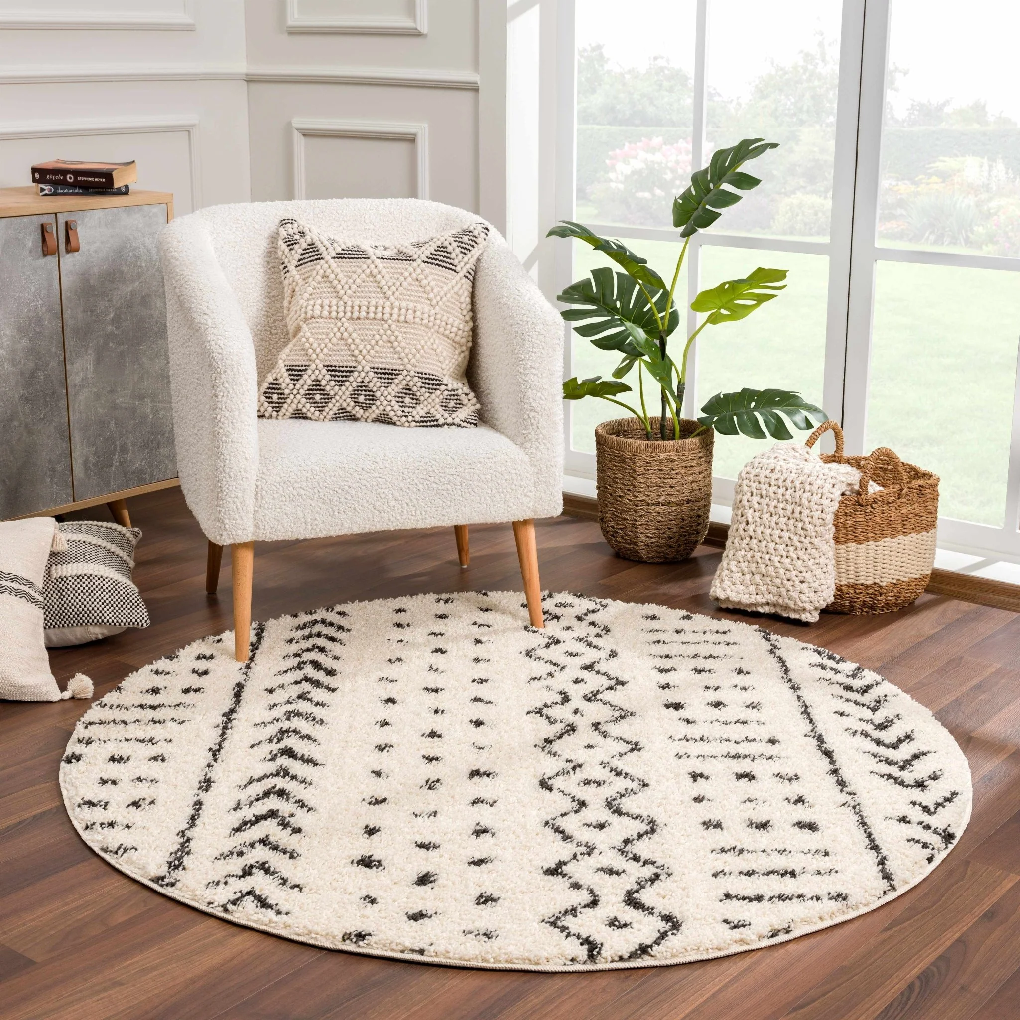 Traditional Beige and Charcoal Machine Woven Moroccan Multi size Tribal Trellis Plush Pile Turkish Rug - Image 6