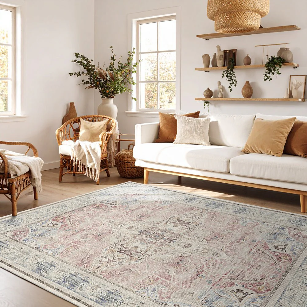 Traditional Beige And Pink Machine Washable Cotton Area Rug - Image 3