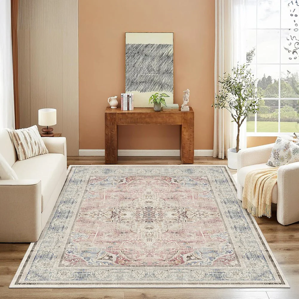Traditional Beige And Pink Machine Washable Cotton Area Rug - Image 5