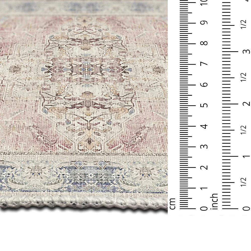 Traditional Beige And Pink Machine Washable Cotton Area Rug - Image 7