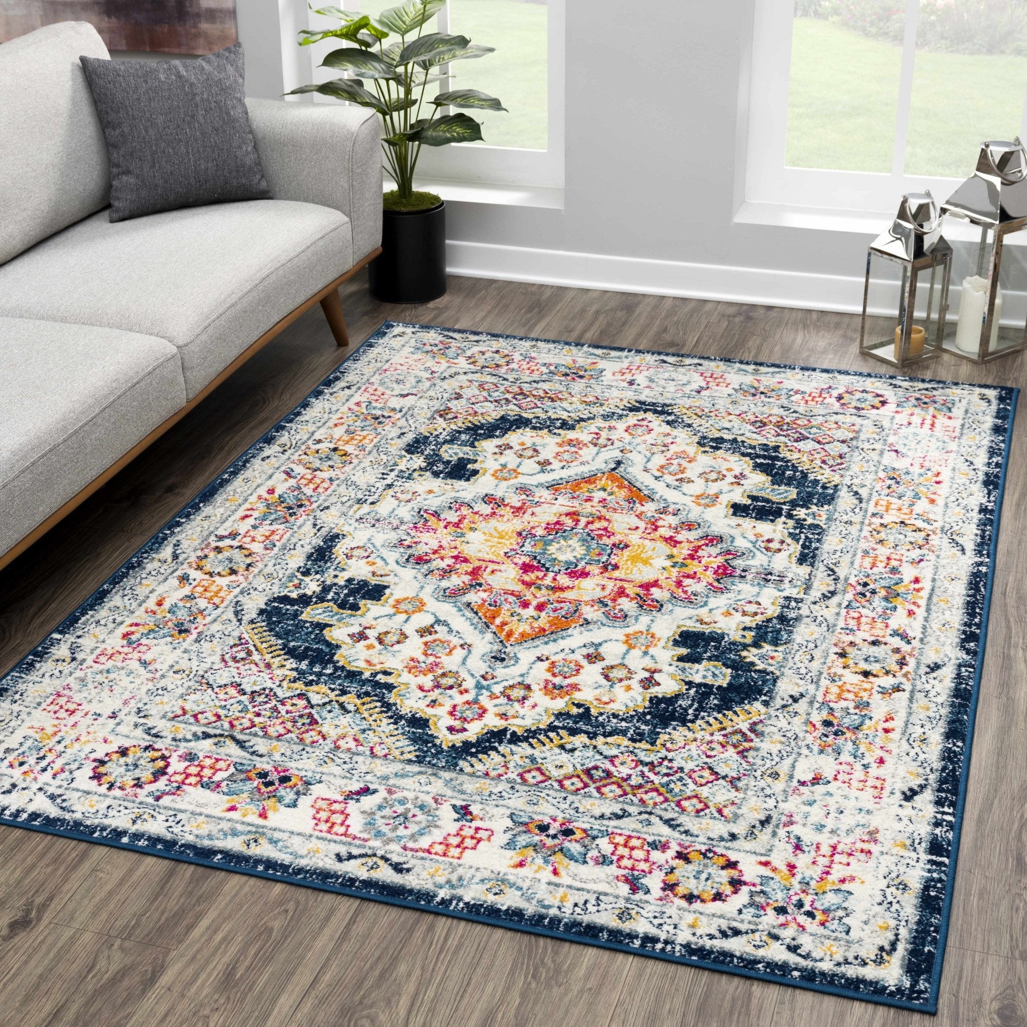 Traditional Beige, Blue and Pink Low Pile Medallion Design Indoor Area Rug - Image 3