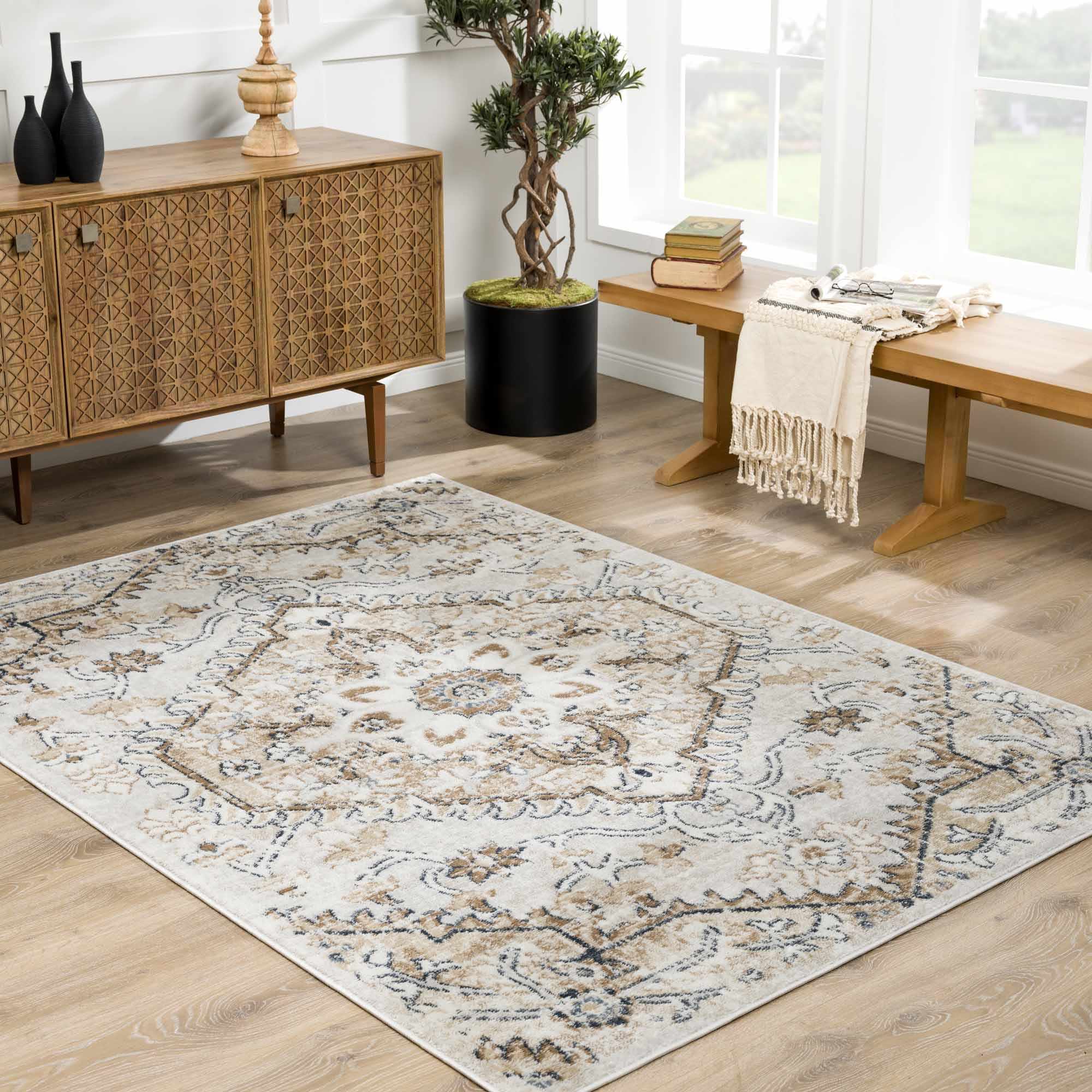 Traditional Beige, Camel and Charcoal Medium Pile Area Rug - Image 3