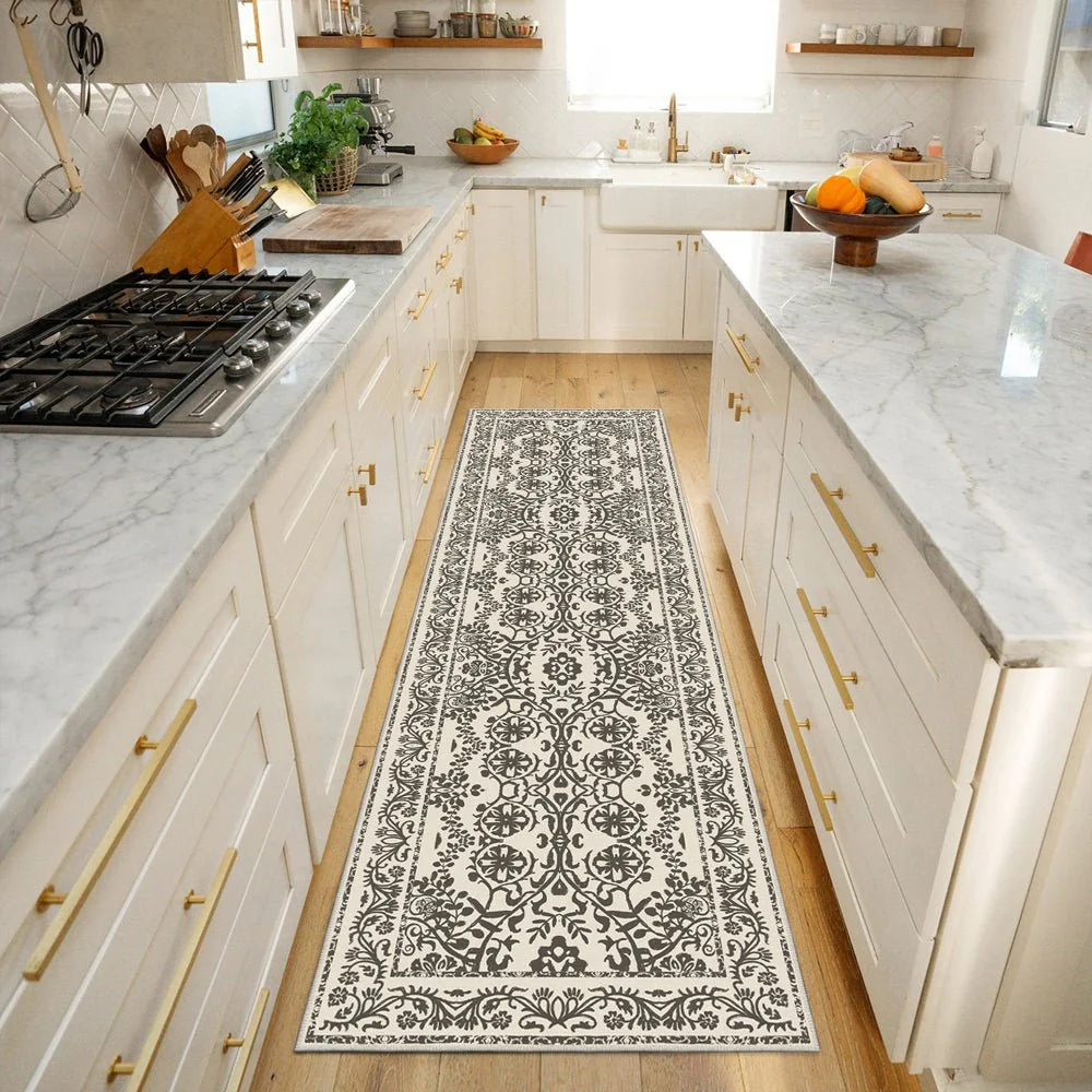 Traditional Flowers and Leaf's Beige Machine Washable Cotton Rug - Image 3