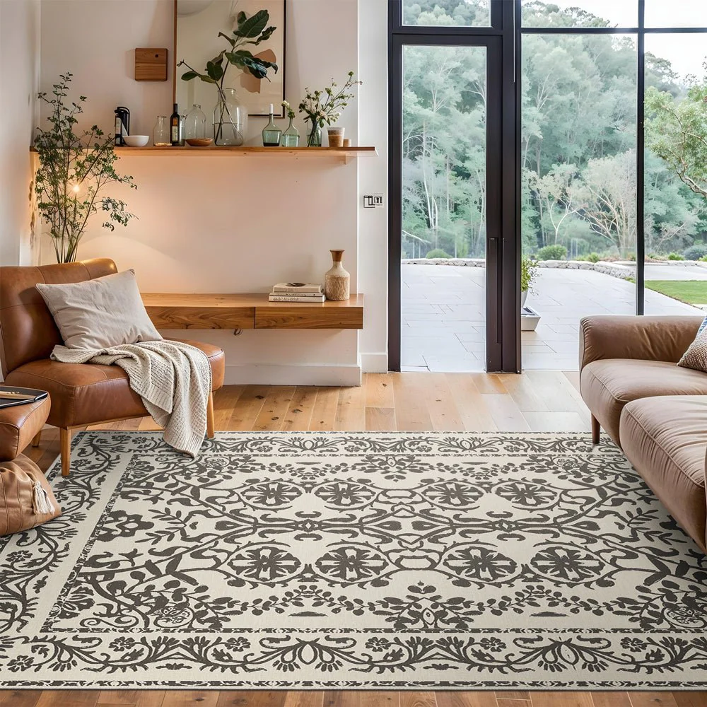 Traditional Flowers and Leaf's Beige Machine Washable Cotton Rug - Image 4
