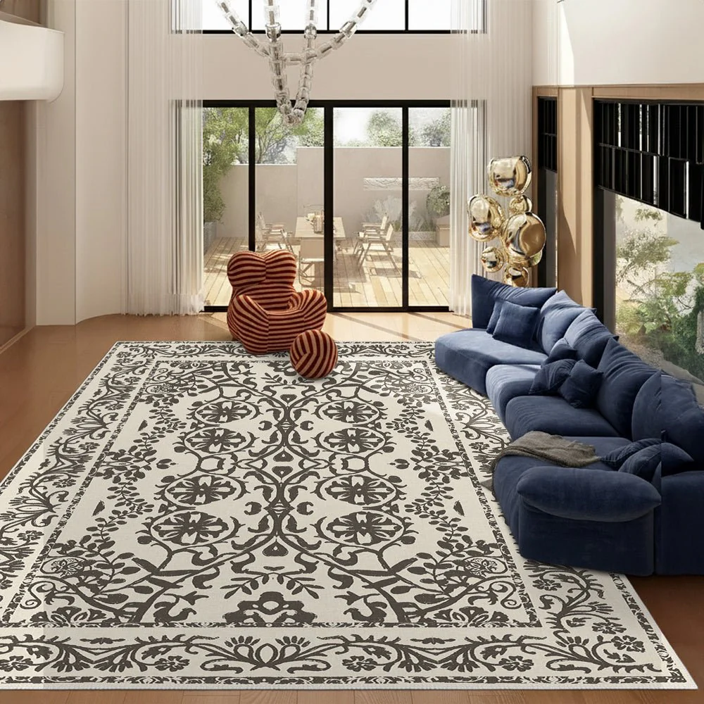 Traditional Flowers and Leaf's Beige Machine Washable Cotton Rug - Image 5