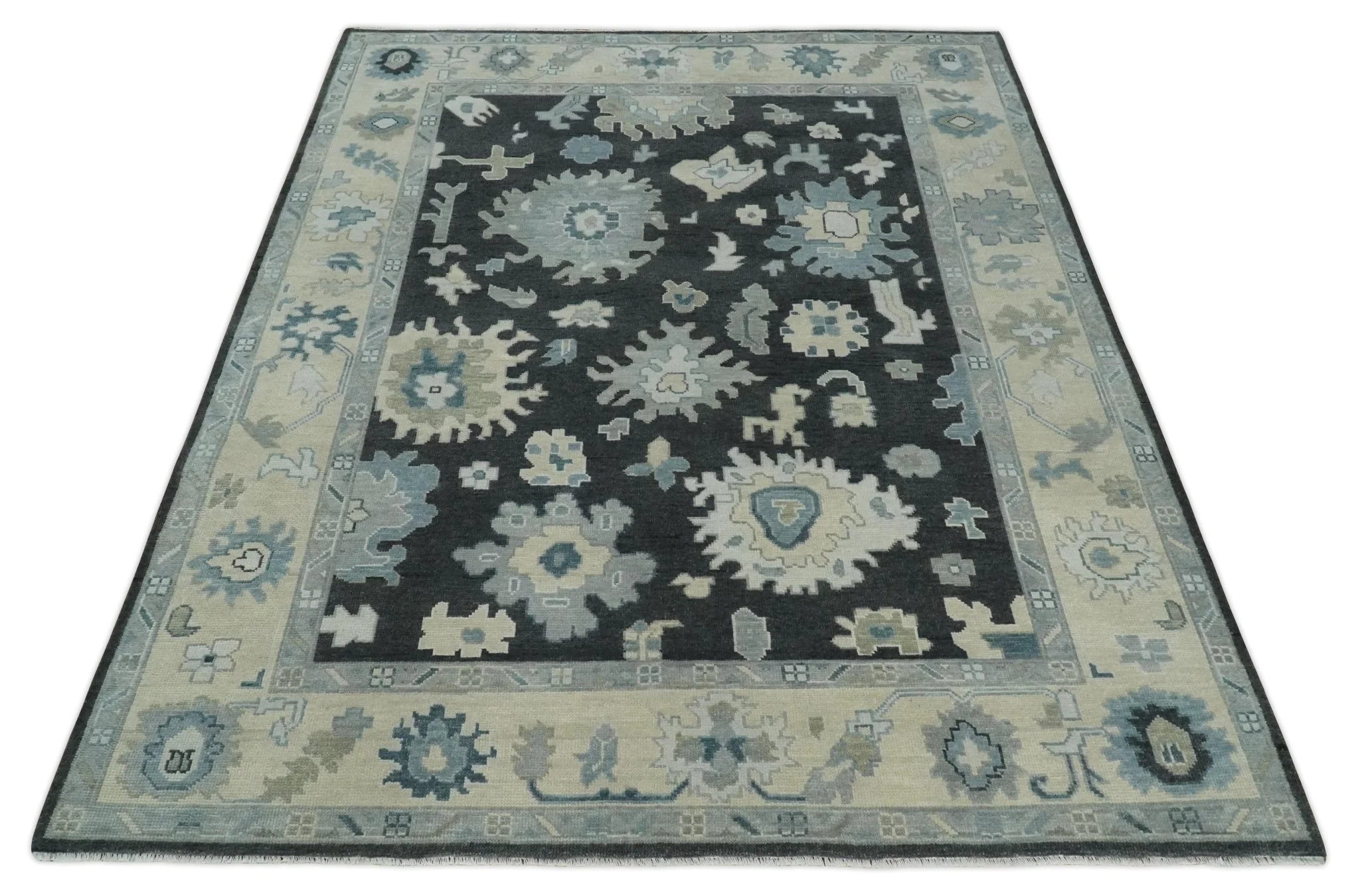 Antique look Black, Beige and Silver Hand Knotted Traditional Oushak Multi Size Wool Area Rug - Image 10
