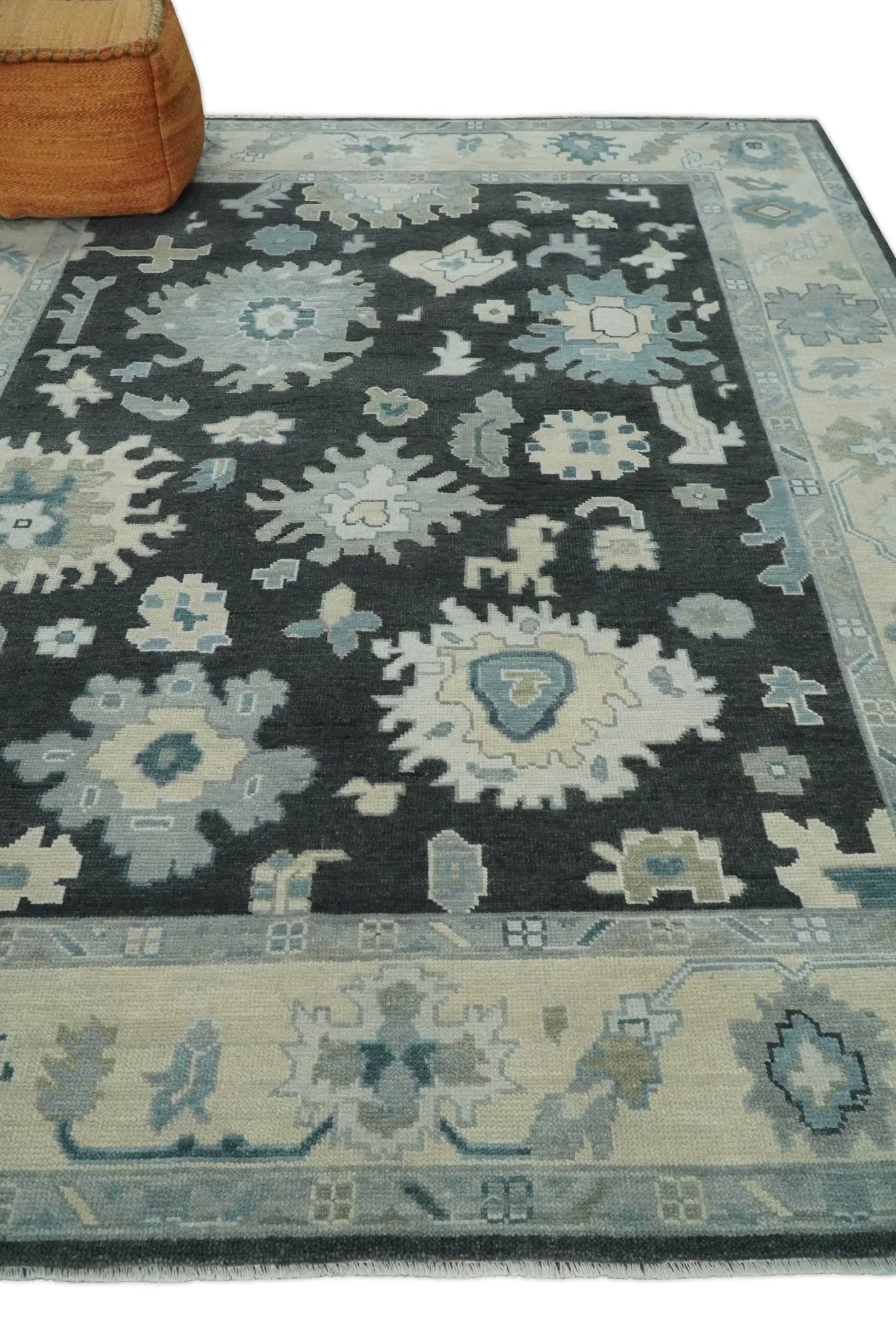 Antique look Black, Beige and Silver Hand Knotted Traditional Oushak Multi Size Wool Area Rug - Image 3