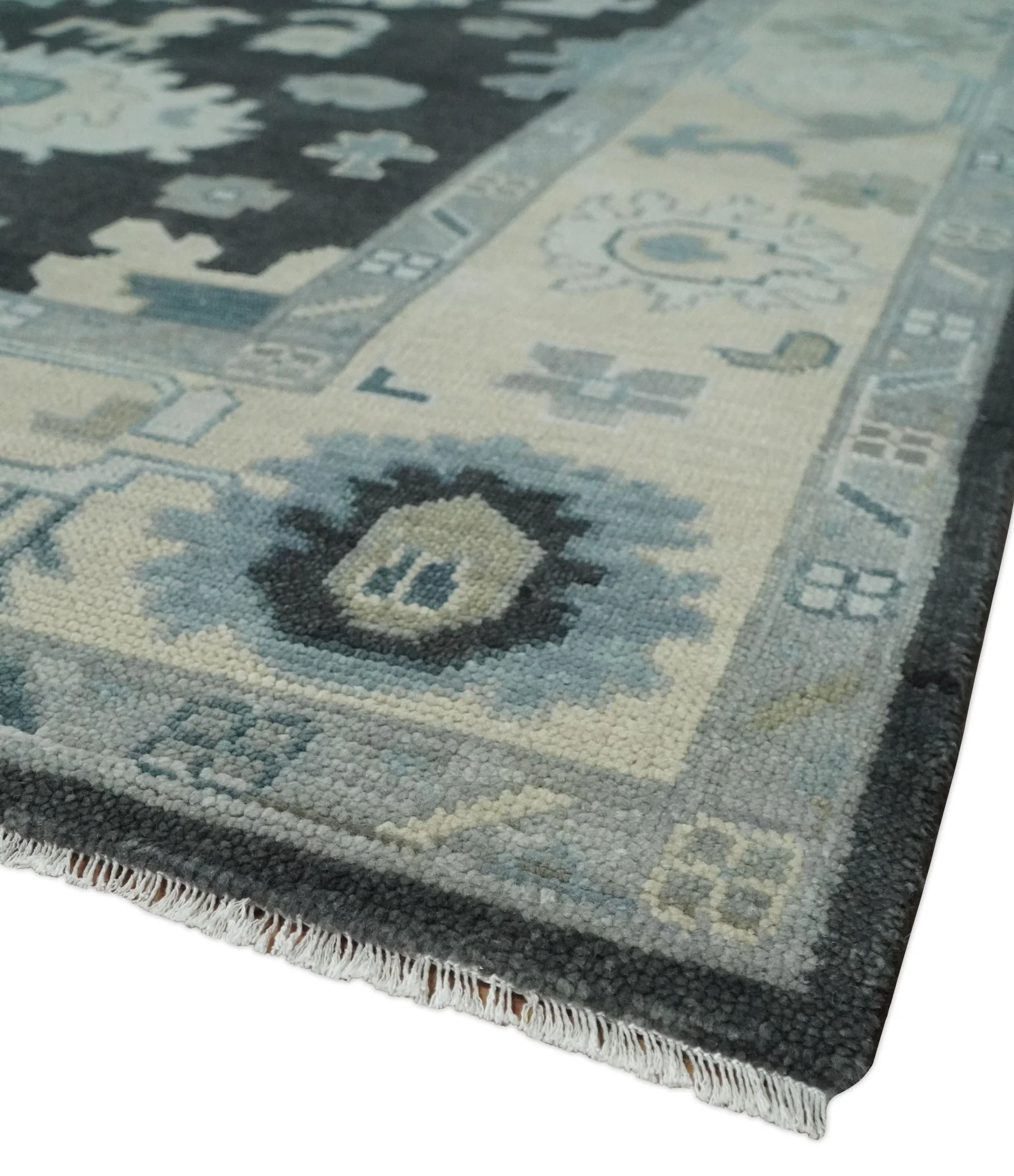 Antique look Black, Beige and Silver Hand Knotted Traditional Oushak Multi Size Wool Area Rug - Image 5