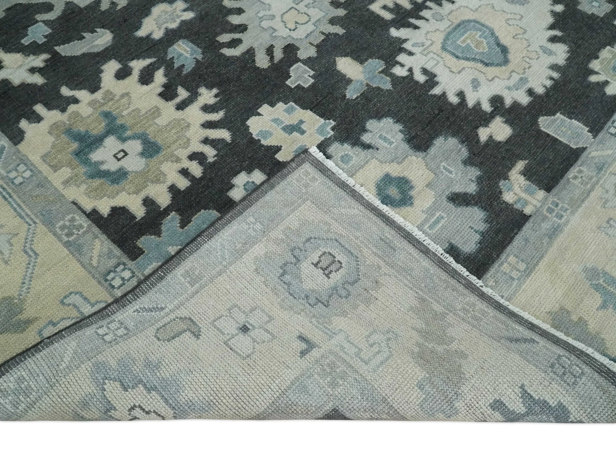 Antique look Black, Beige and Silver Hand Knotted Traditional Oushak Multi Size Wool Area Rug - Image 7