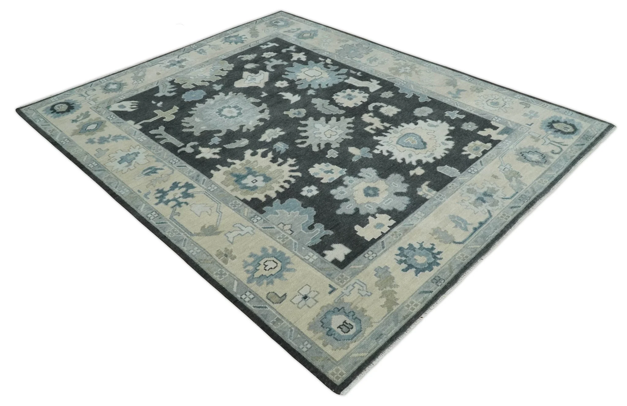 Antique look Black, Beige and Silver Hand Knotted Traditional Oushak Multi Size Wool Area Rug - Image 9