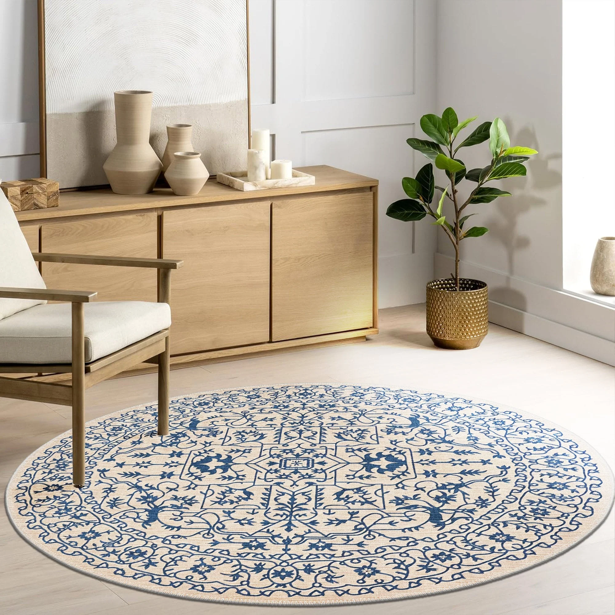 Traditional Blue And Beige Machine Washable Cotton Area Rug - Image 5