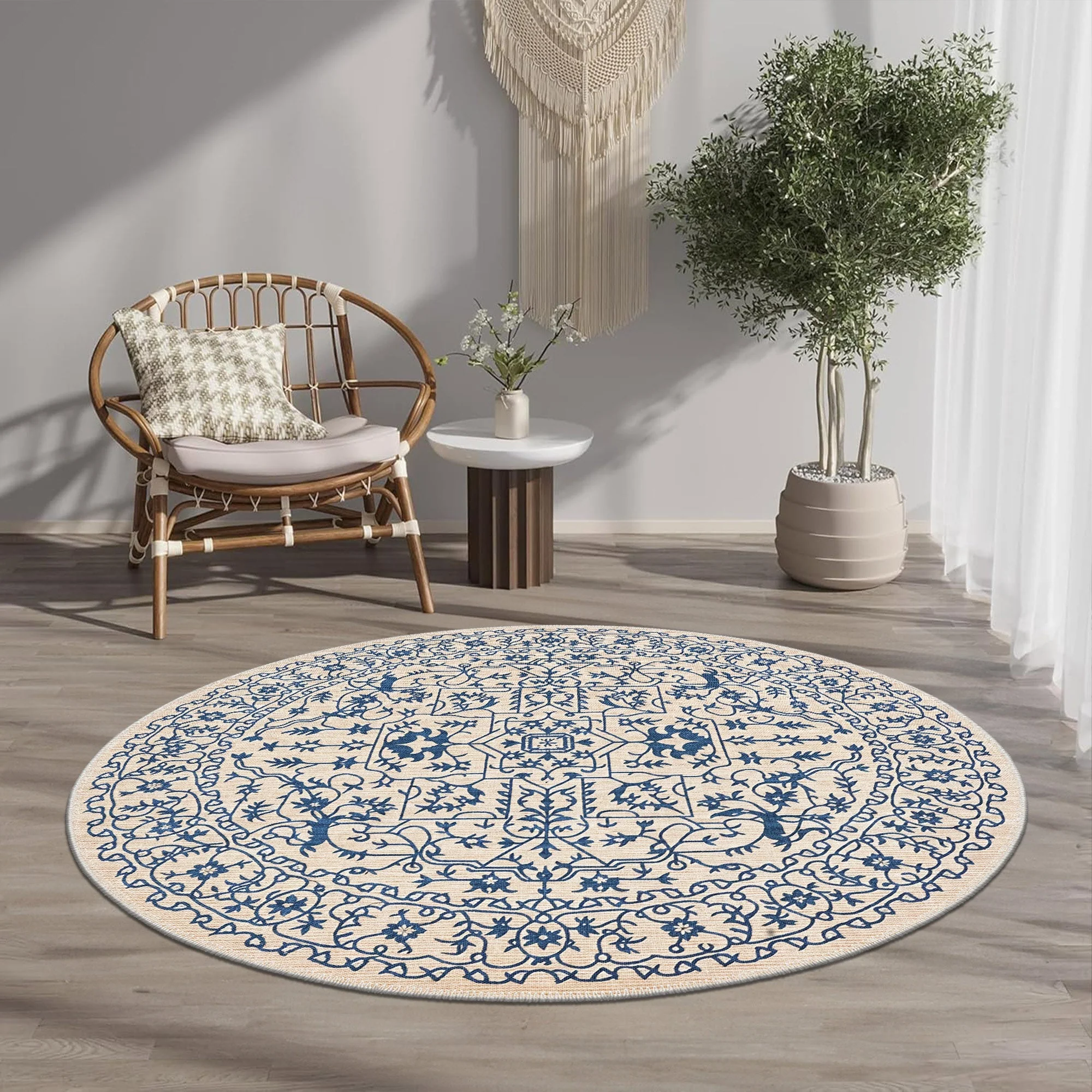 Traditional Blue And Beige Machine Washable Cotton Area Rug - Image 6