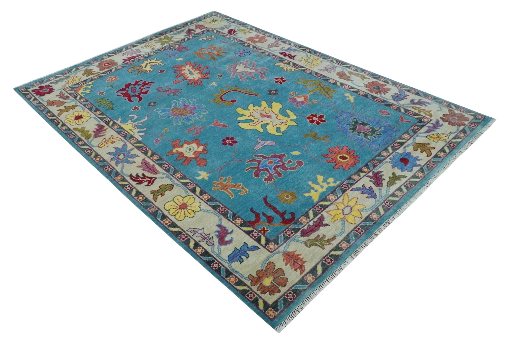 Traditional Blue and Camel Colorful Hand knotted Oushak 8.9x11.10 Wool Area Rug - Image 10