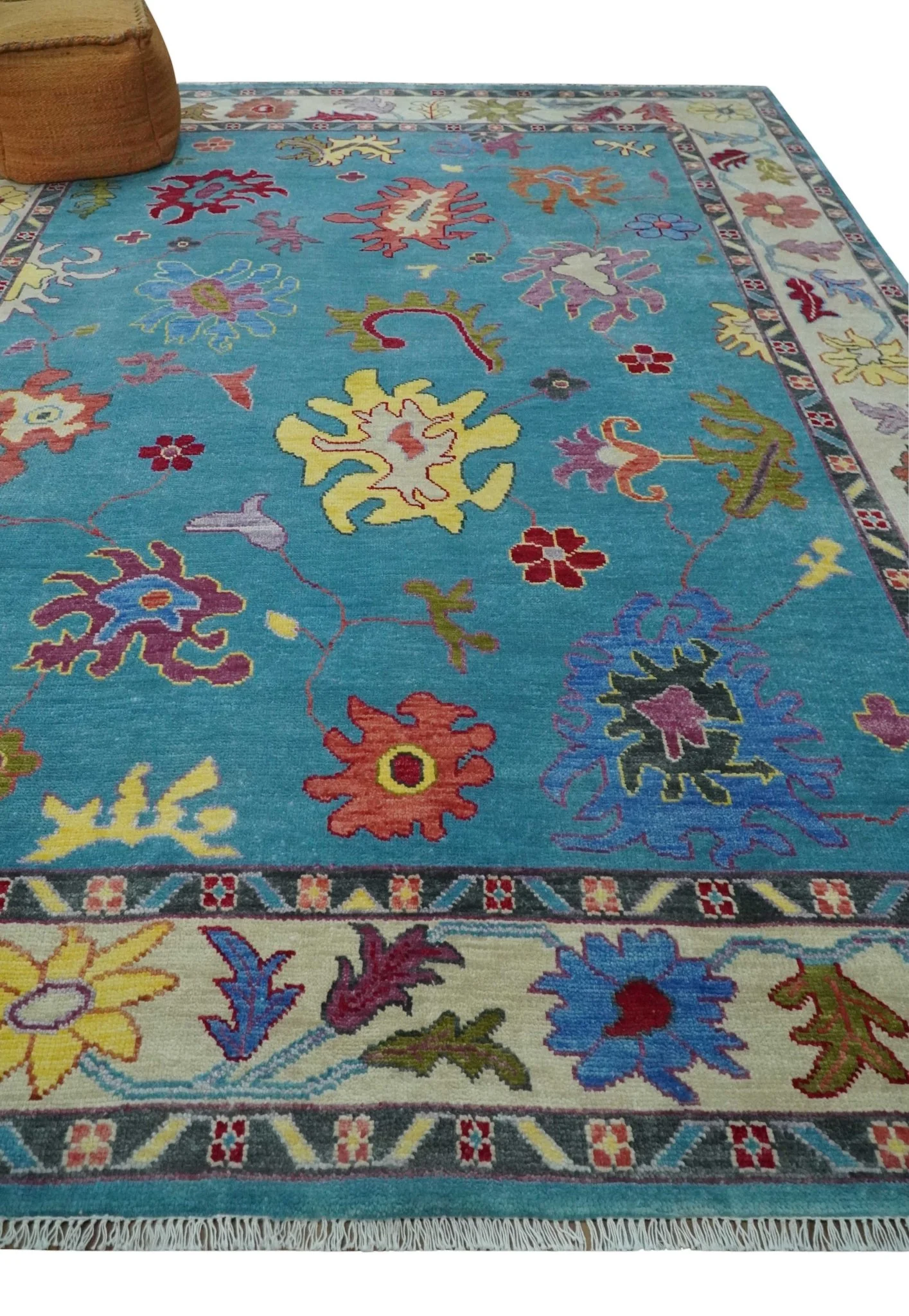 Traditional Blue and Camel Colorful Hand knotted Oushak 8.9x11.10 Wool Area Rug - Image 3