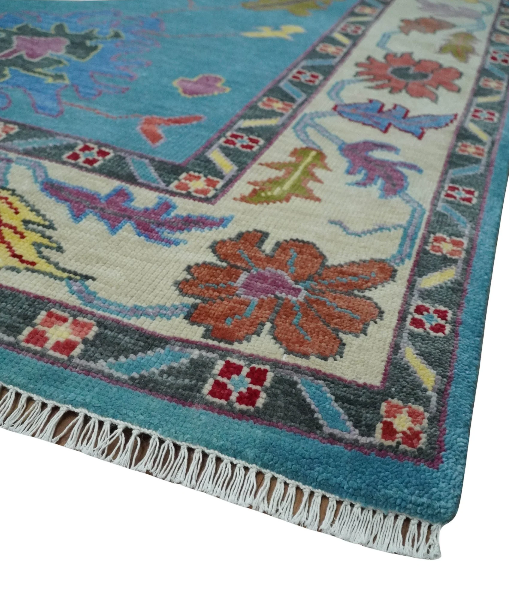Traditional Blue and Camel Colorful Hand knotted Oushak 8.9x11.10 Wool Area Rug - Image 5