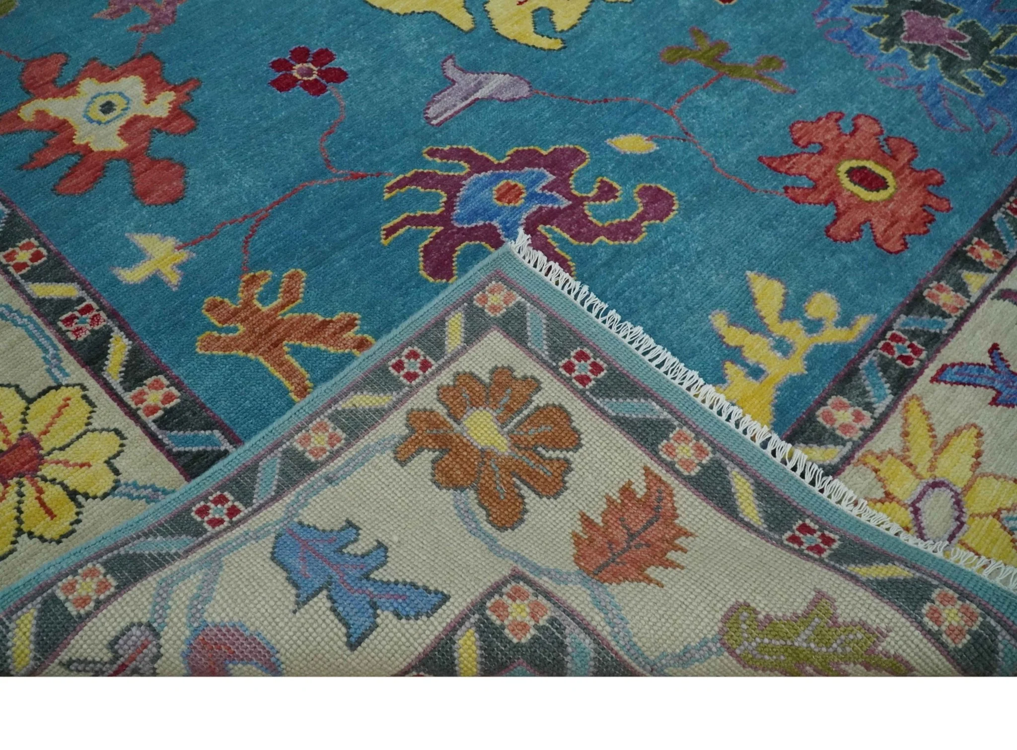 Traditional Blue and Camel Colorful Hand knotted Oushak 8.9x11.10 Wool Area Rug - Image 6