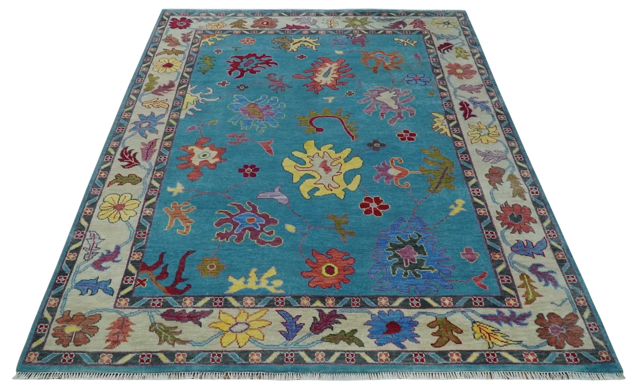 Traditional Blue and Camel Colorful Hand knotted Oushak 8.9x11.10 Wool Area Rug - Image 9