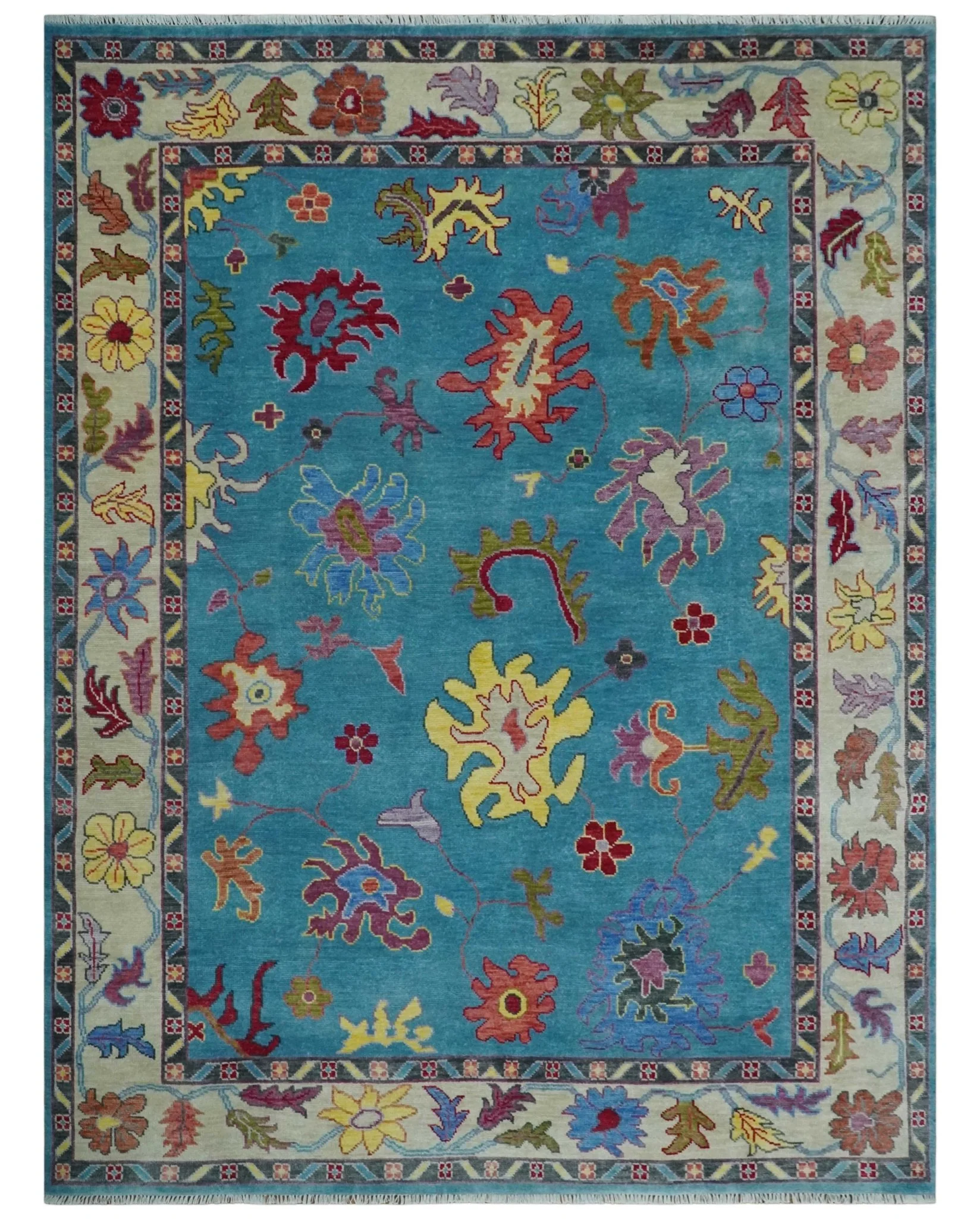 Traditional Blue and Camel Colorful Hand knotted Oushak Custom Made Wool Area Rug - Image 10