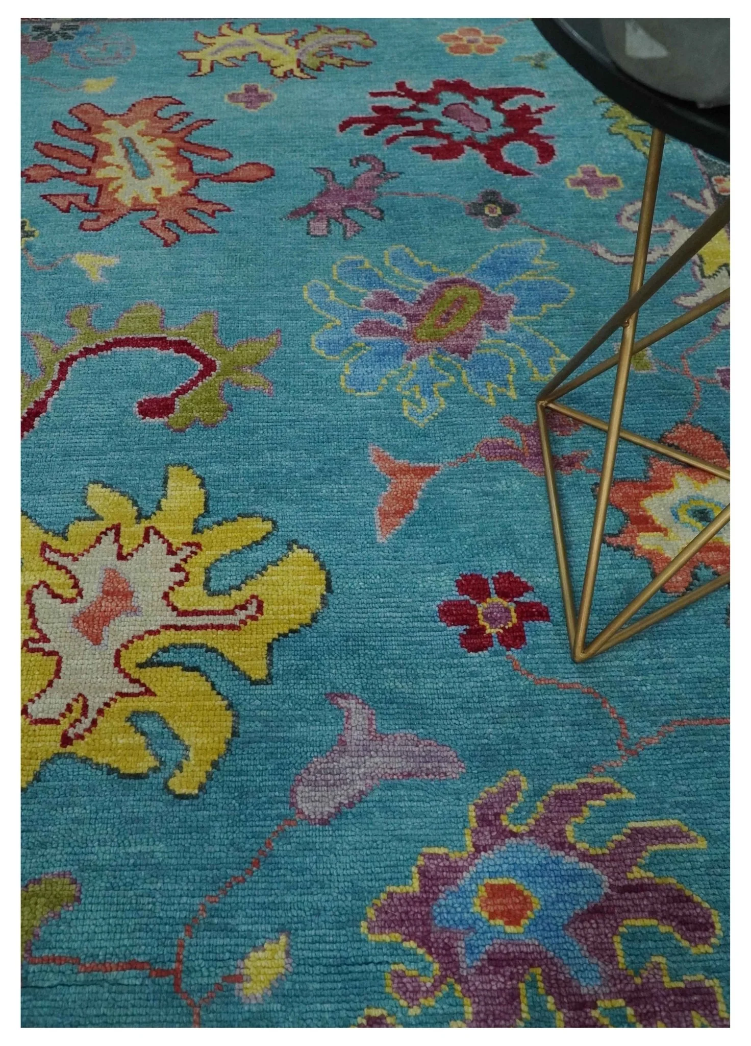 Traditional Blue and Camel Colorful Hand knotted Oushak Custom Made Wool Area Rug - Image 2