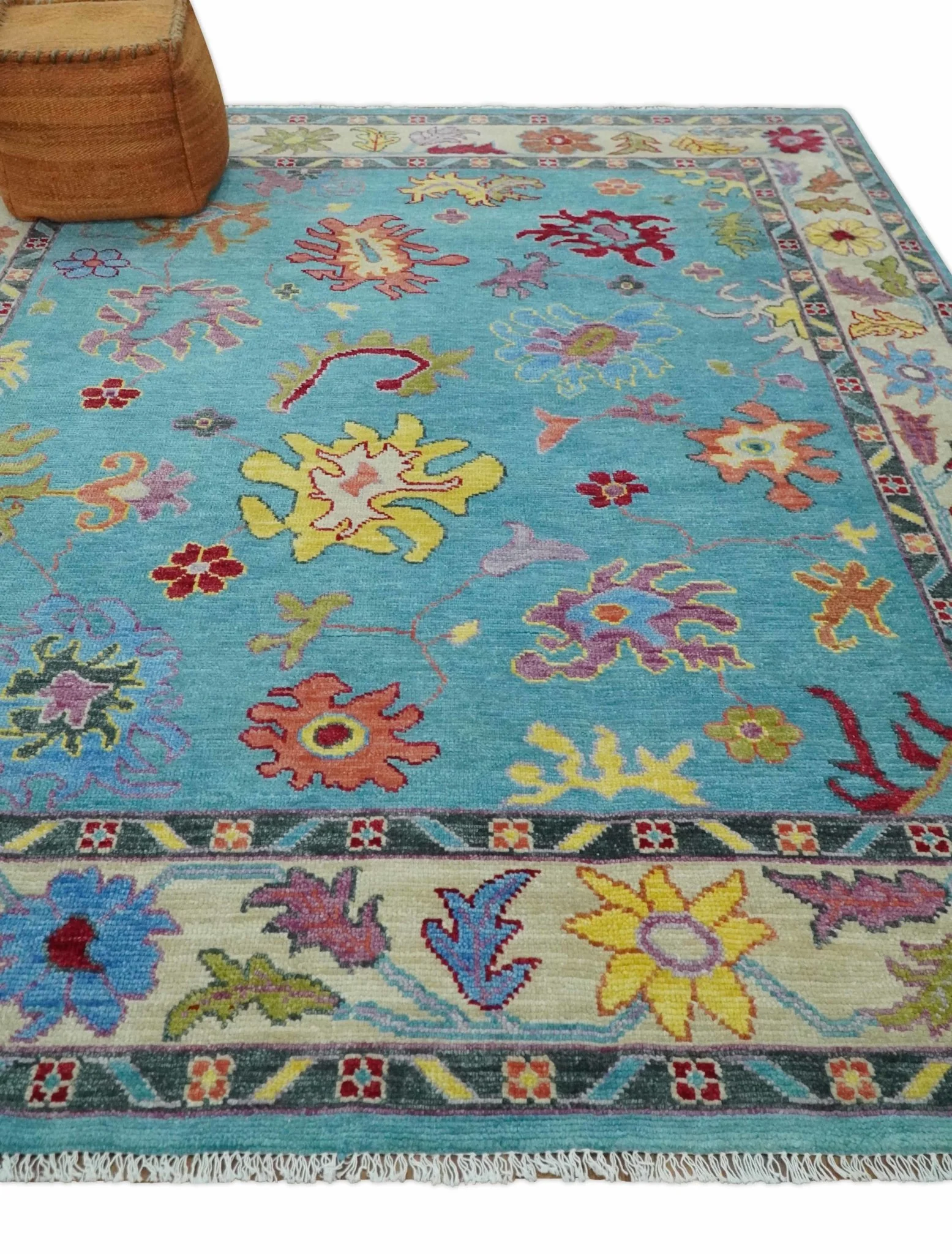 Traditional Blue and Camel Colorful Hand knotted Oushak Custom Made Wool Area Rug - Image 3