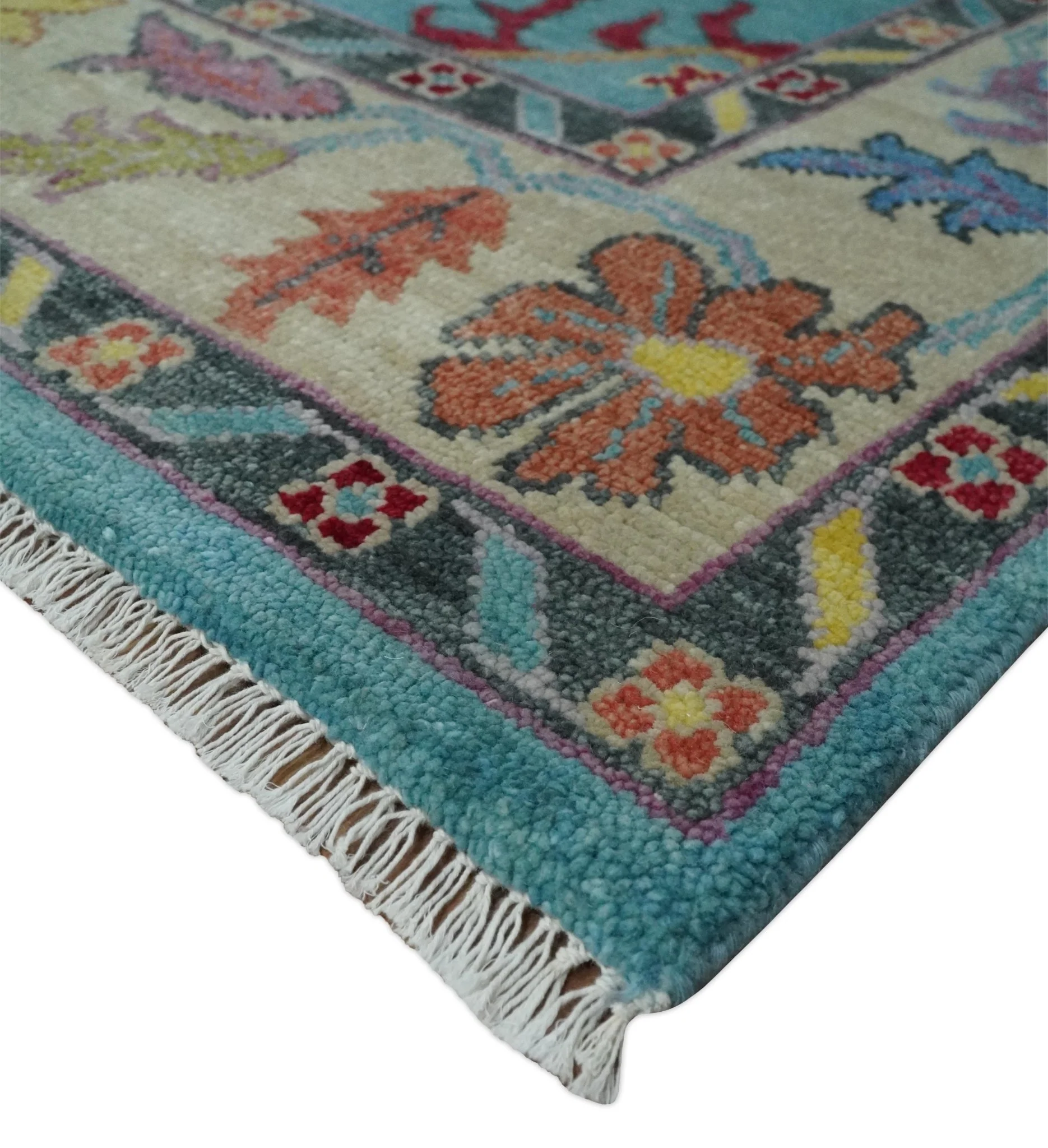 Traditional Blue and Camel Colorful Hand knotted Oushak Custom Made Wool Area Rug - Image 5