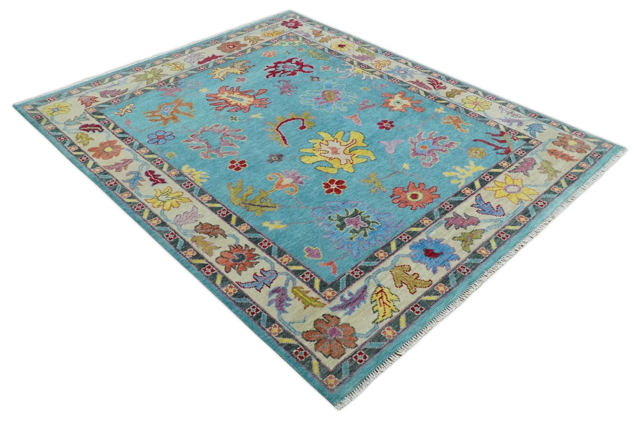 Traditional Blue and Camel Colorful Hand knotted Oushak Custom Made Wool Area Rug - Image 7