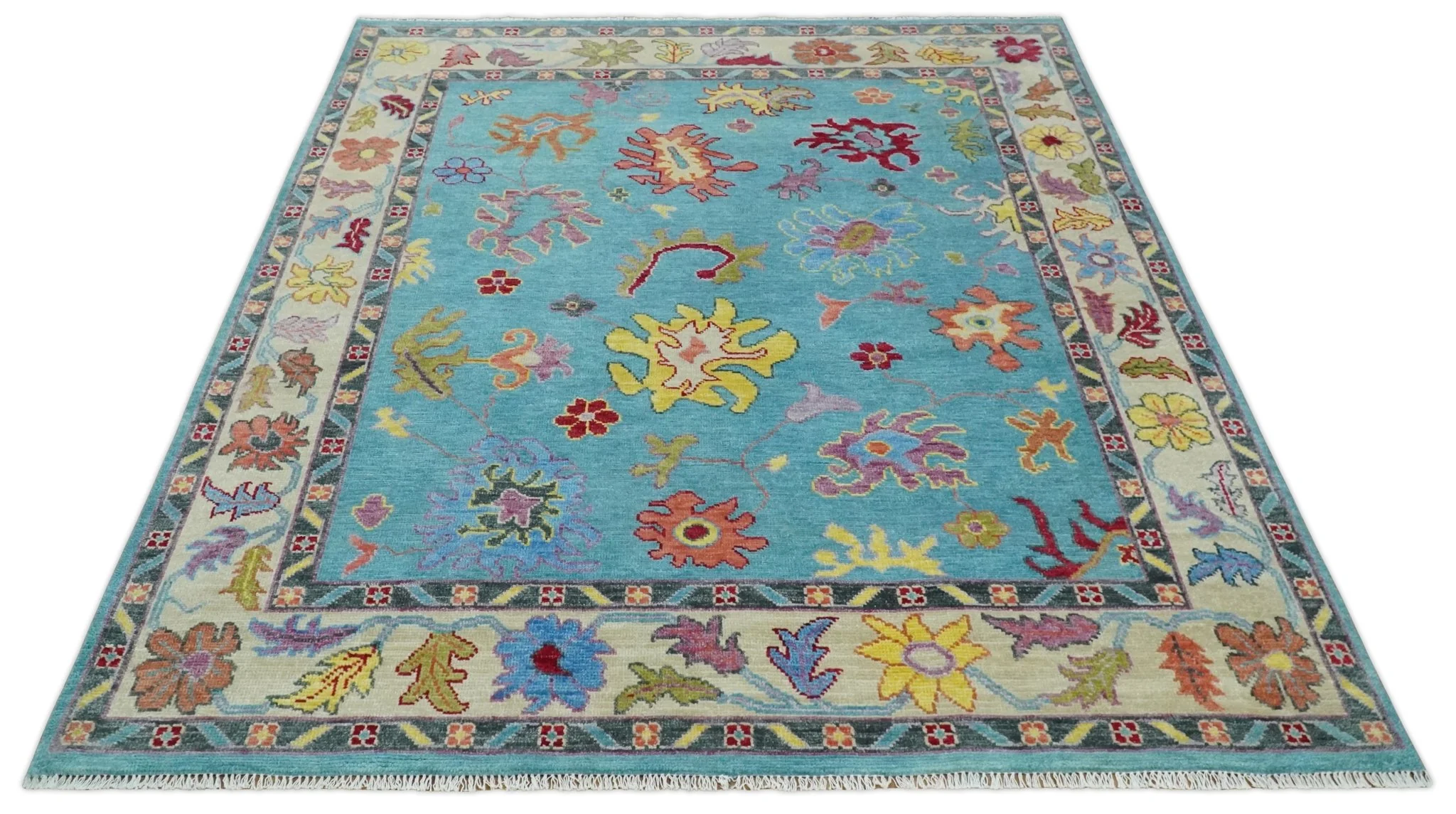 Traditional Blue and Camel Colorful Hand knotted Oushak Custom Made Wool Area Rug - Image 8