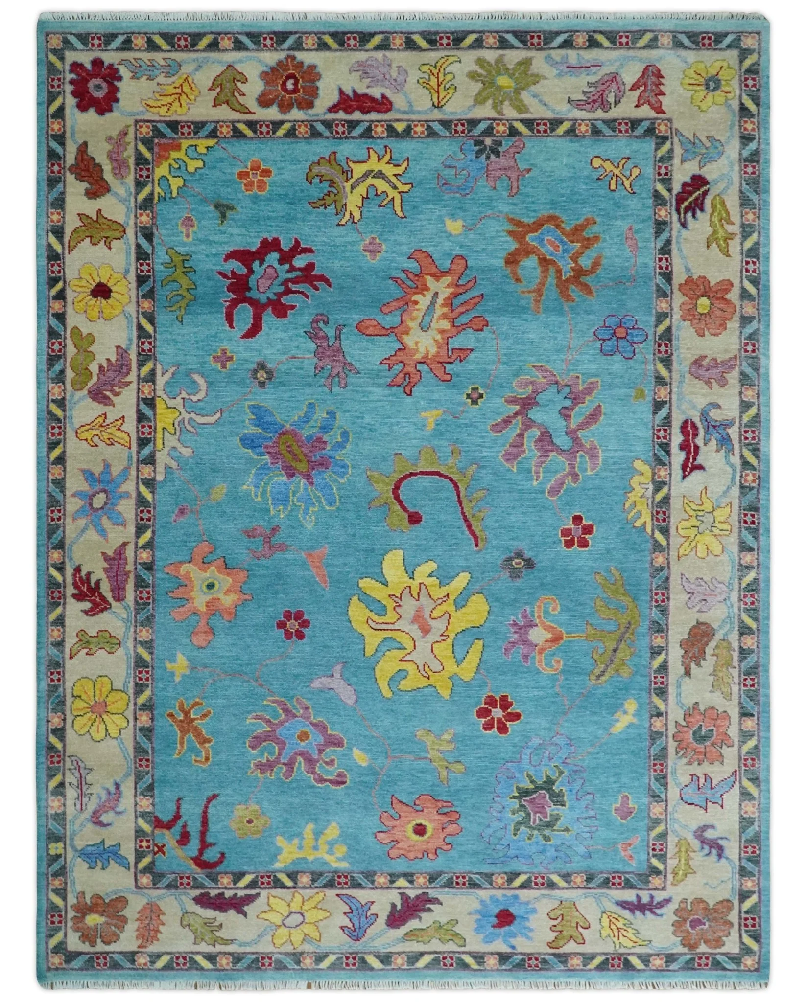 Traditional Blue and Camel Colorful Hand knotted Oushak Custom Made Wool Area Rug - Image 9