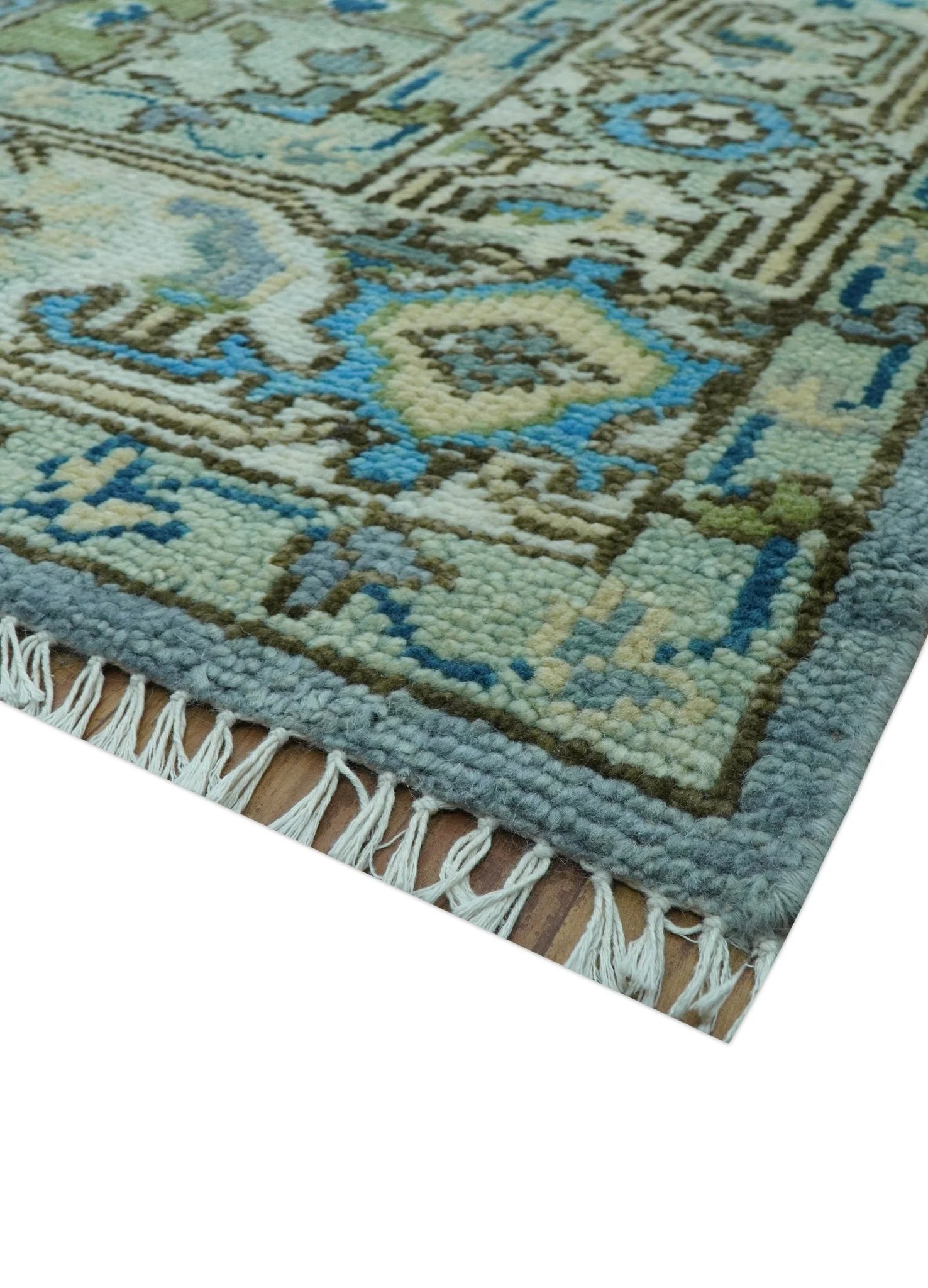 Traditional Blue And Gray Oushak Hand knotted Wool Area Rug - Image 5