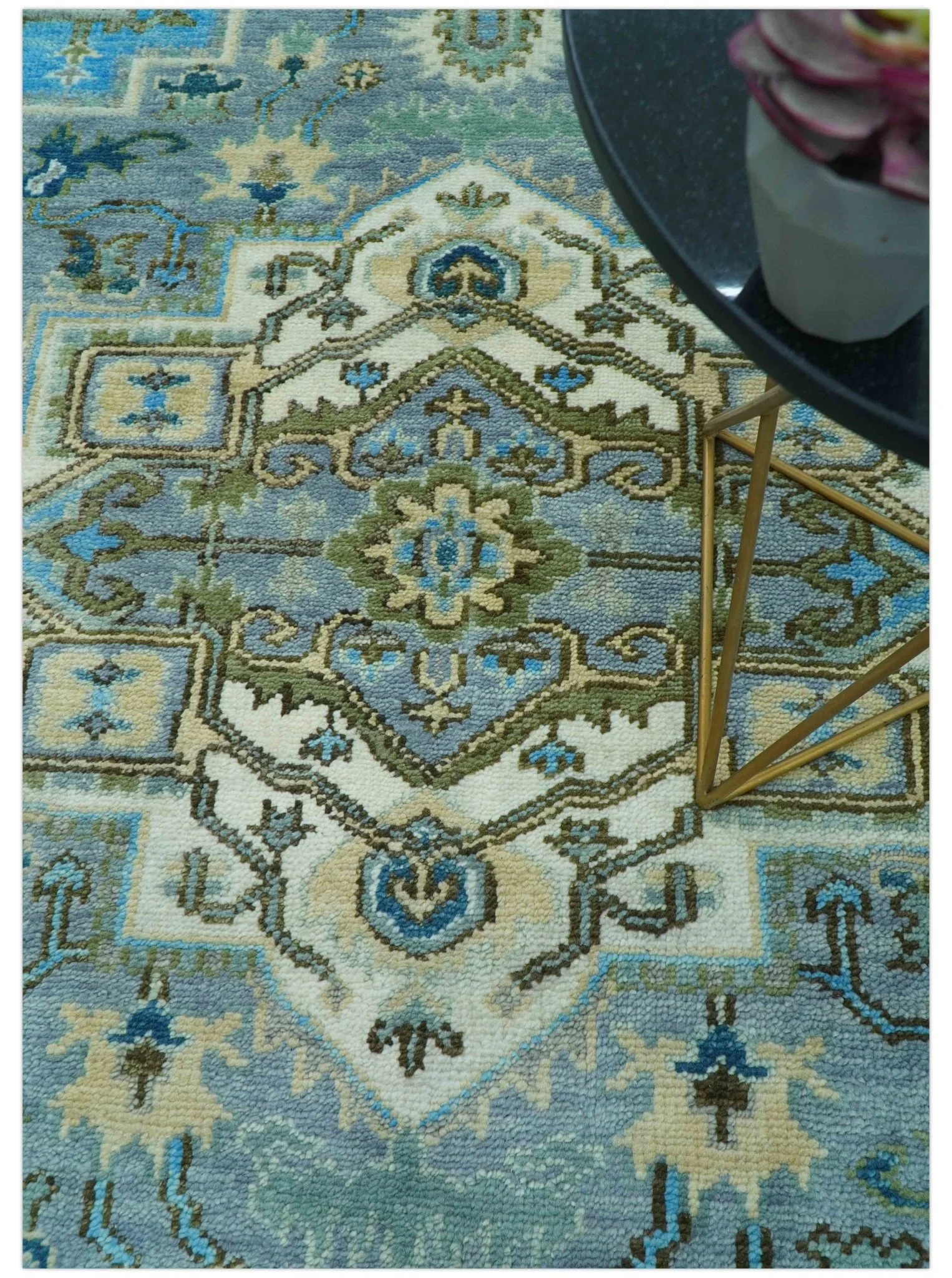 Traditional Blue And Gray Oushak Hand knotted Wool Area Rug - Image 9