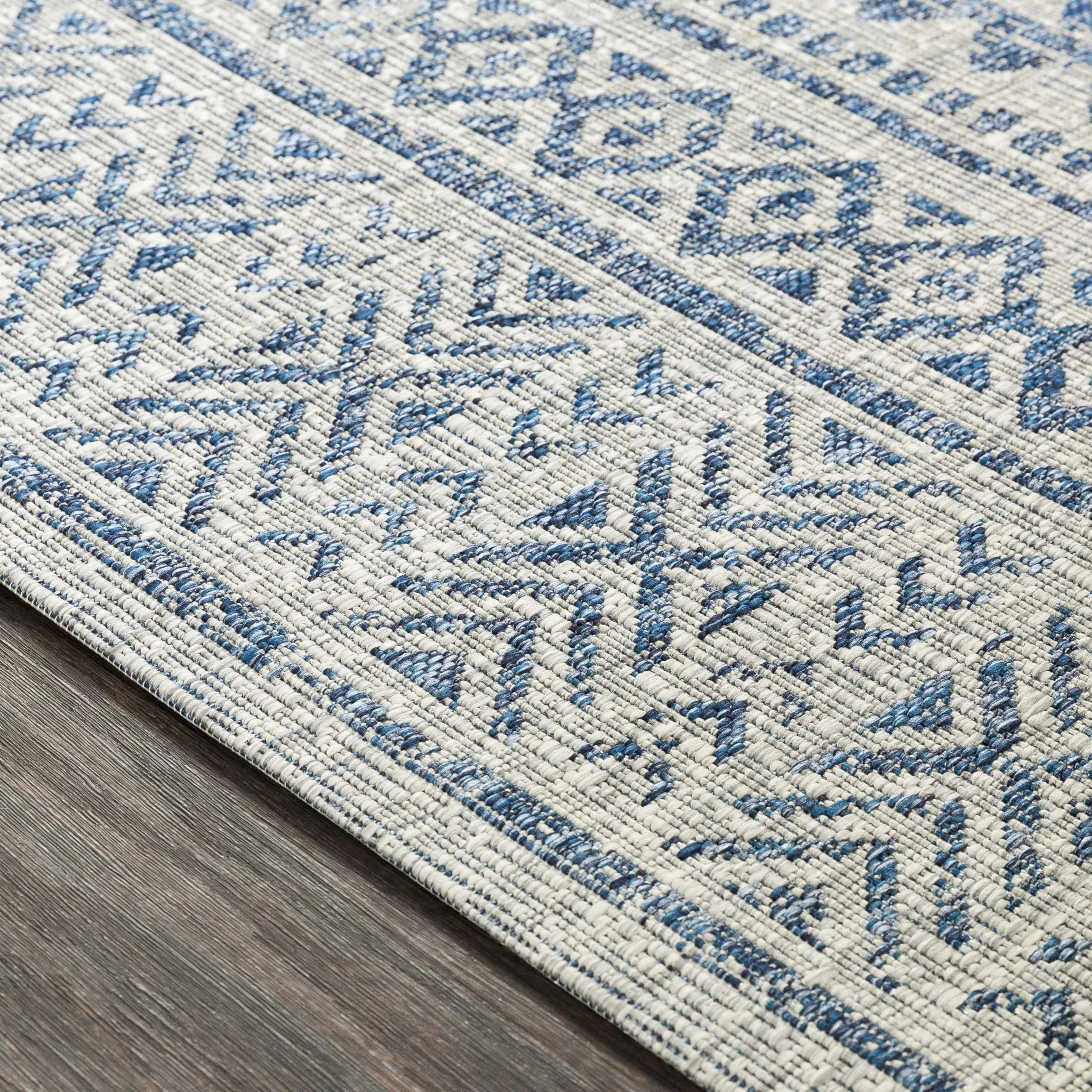 Traditional Blue and Ivory Tribal Design Outdoor Area Rug - Image 12