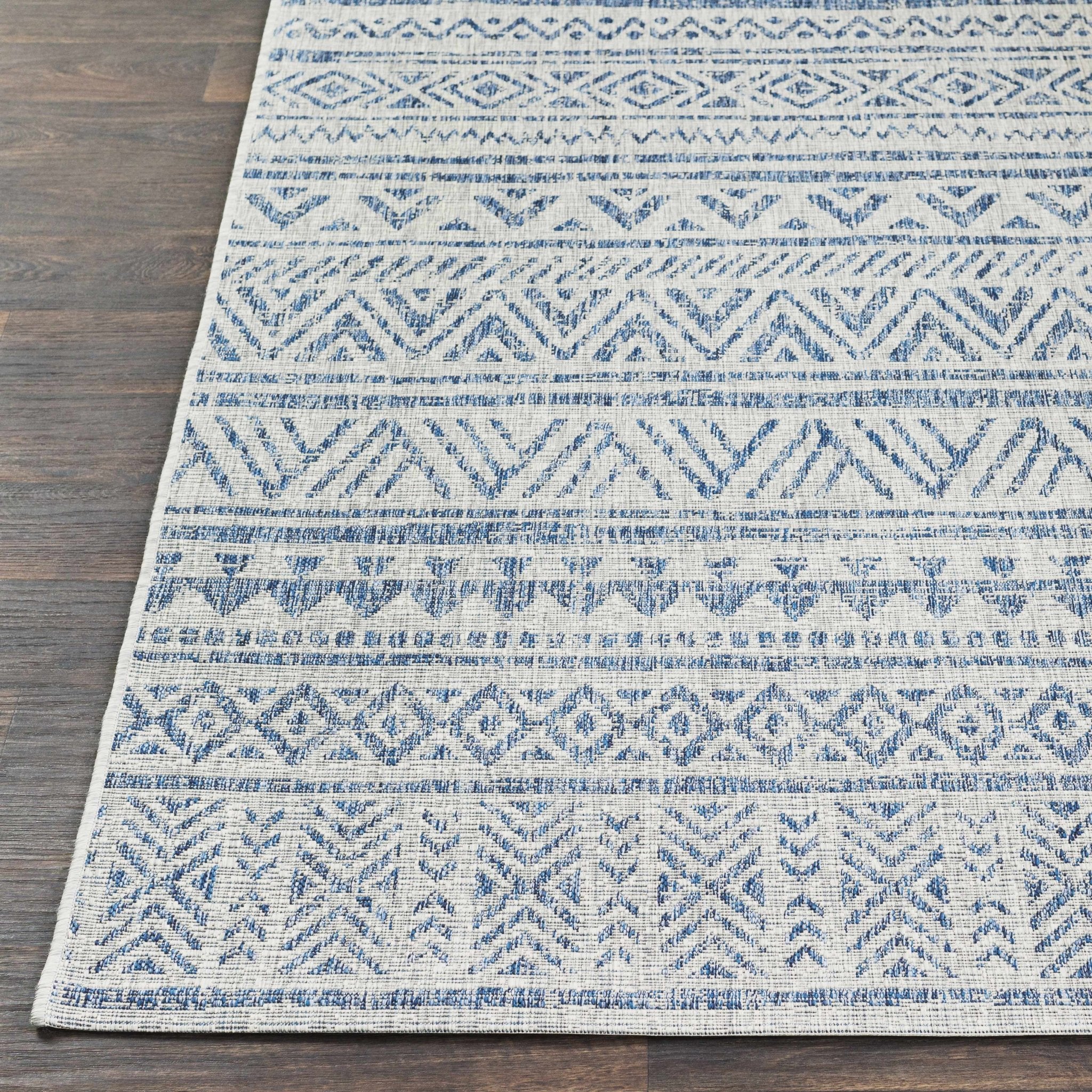 Traditional Blue and Ivory Tribal Design Outdoor Area Rug - Image 16