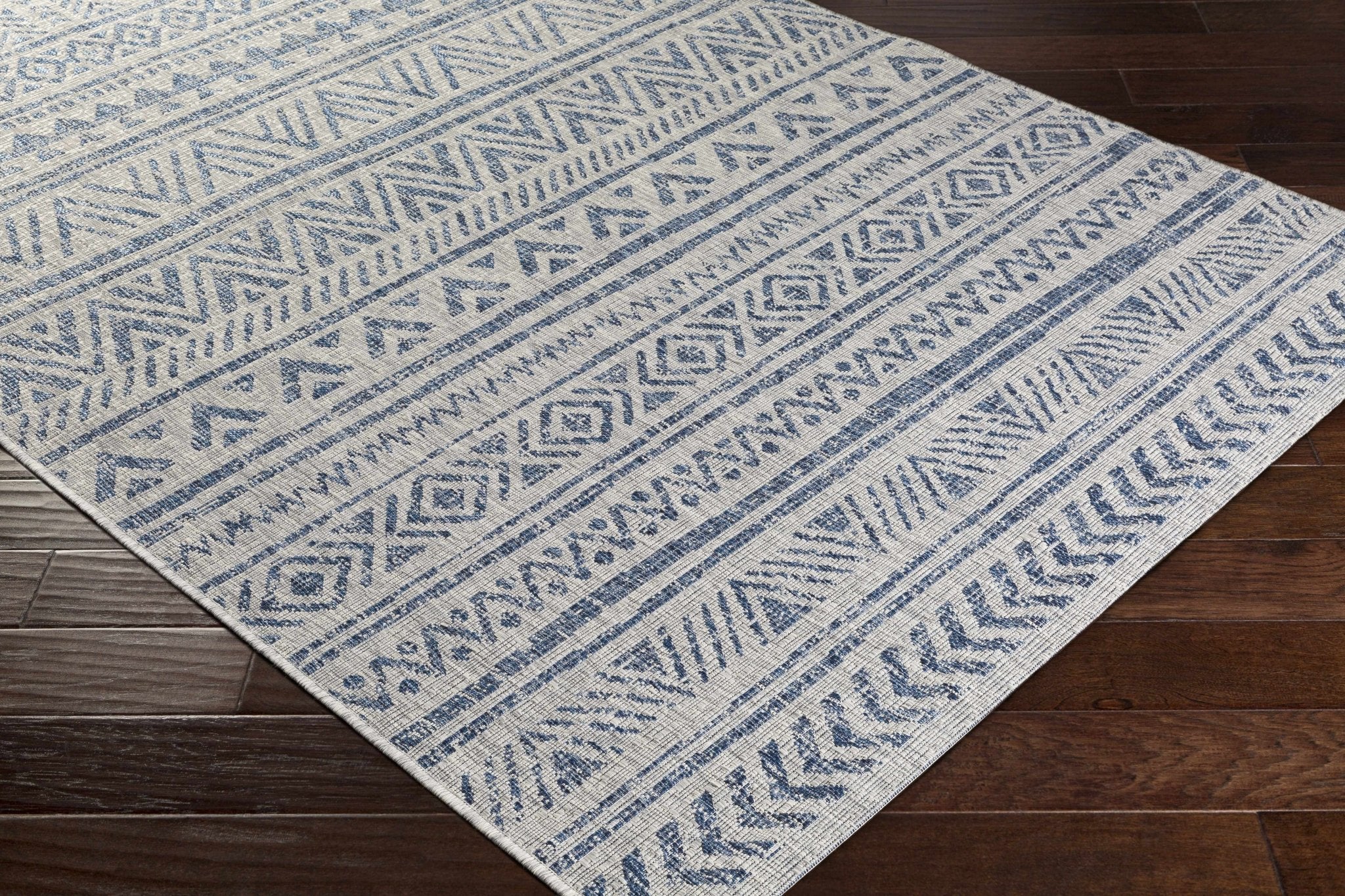 Traditional Blue and Ivory Tribal Design Outdoor Area Rug - Image 17