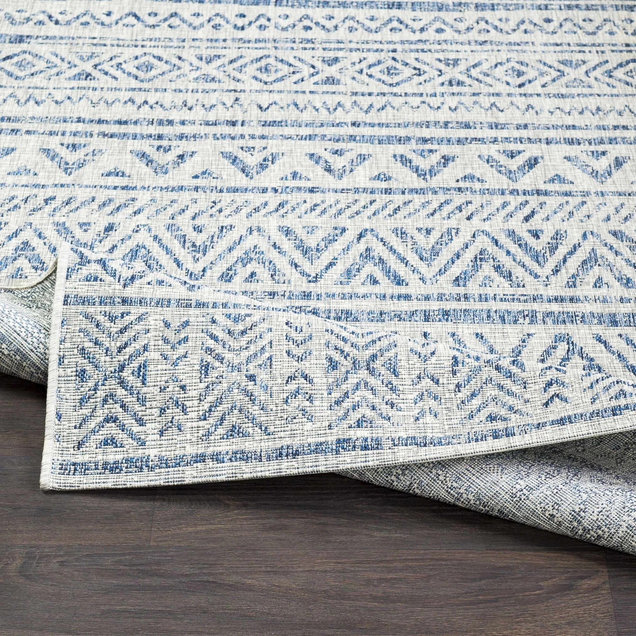 Traditional Blue and Ivory Tribal Design Outdoor Area Rug - Image 18