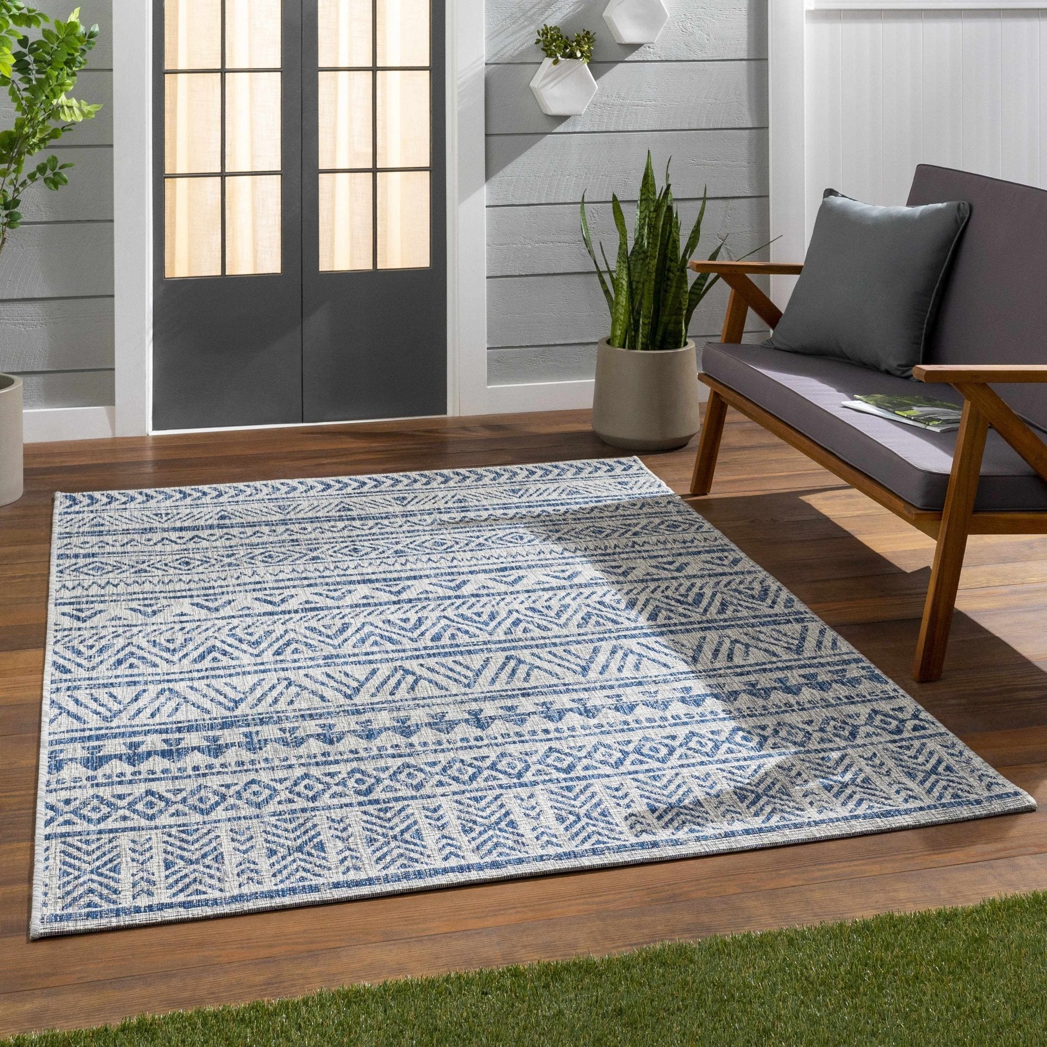 Traditional Blue and Ivory Tribal Design Outdoor Area Rug - Image 2