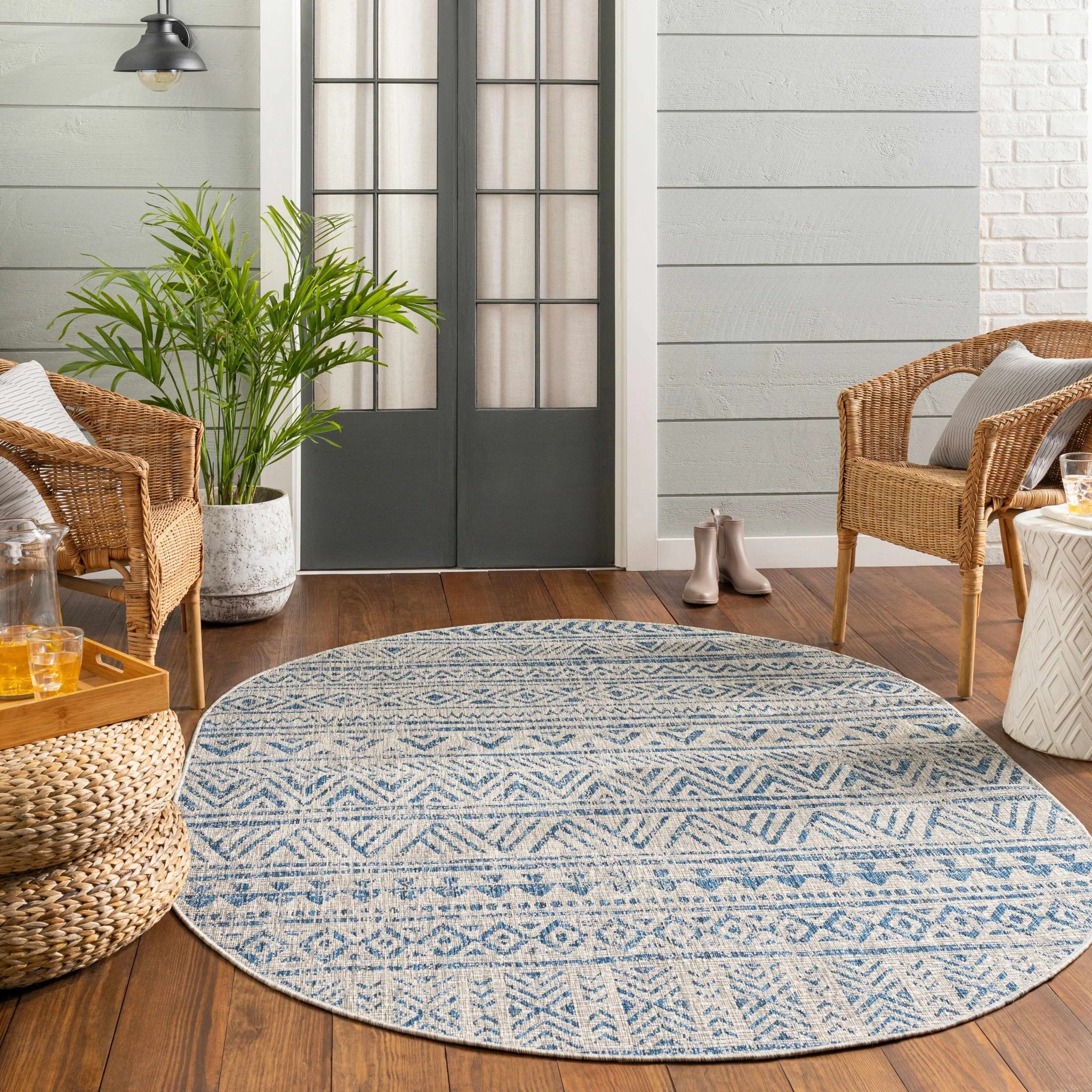 Traditional Blue and Ivory Tribal Design Outdoor Area Rug - Image 21