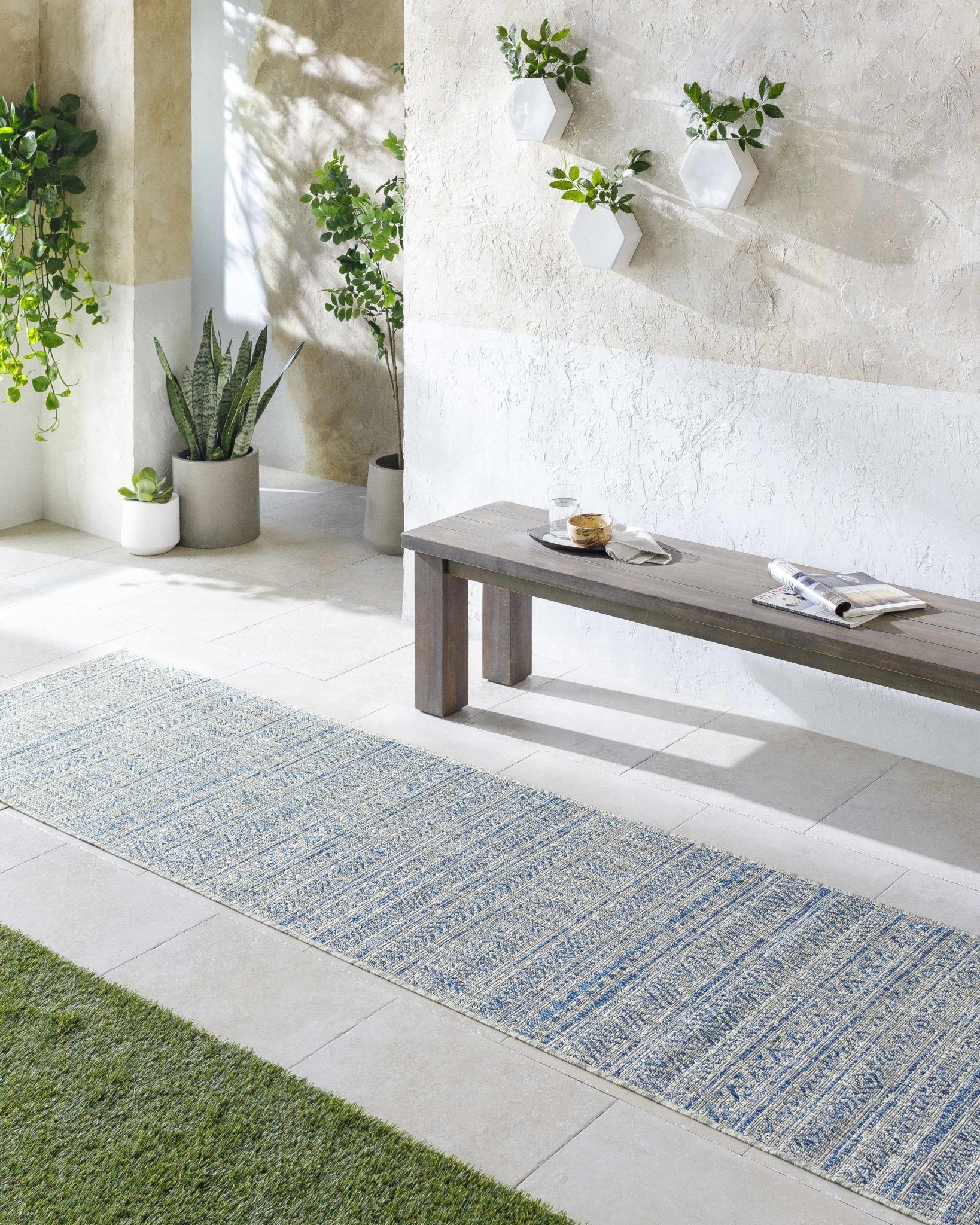 Traditional Blue and Ivory Tribal Design Outdoor Area Rug - Image 23