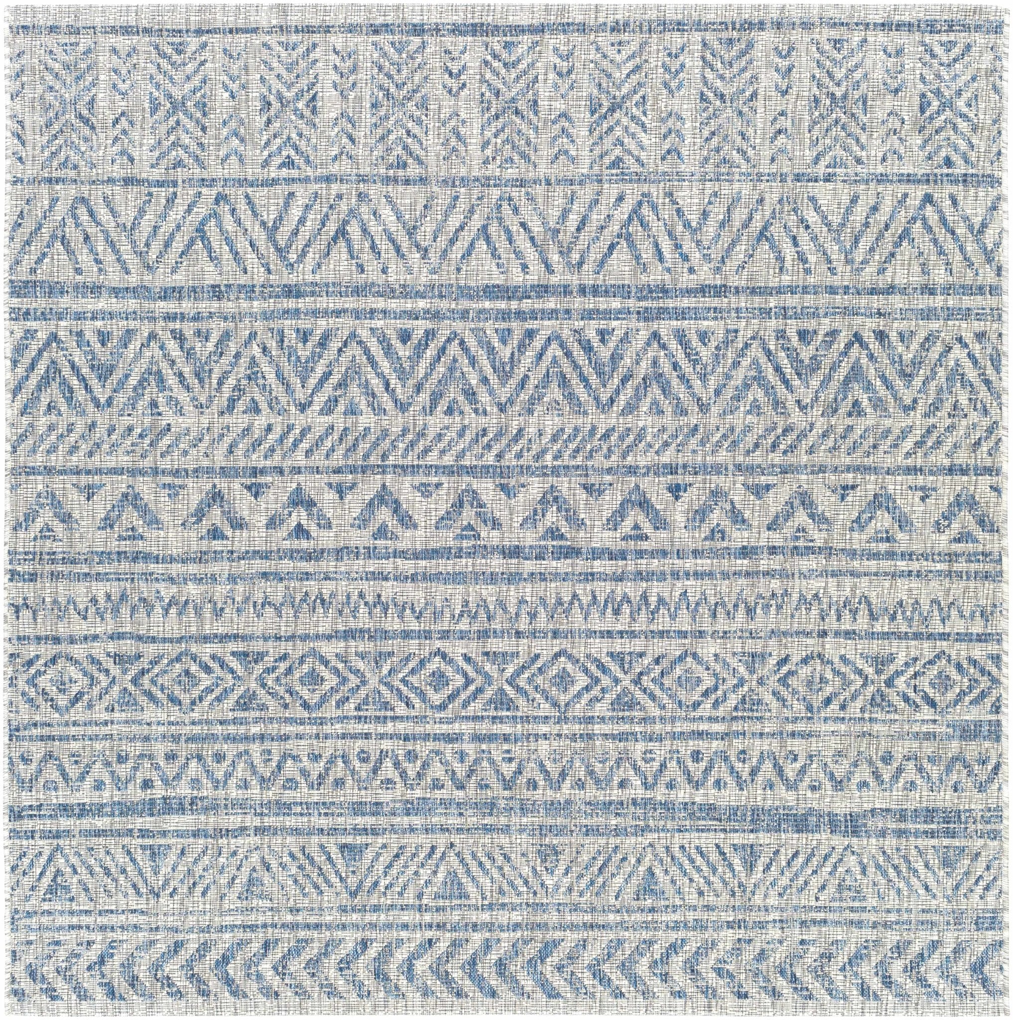 Traditional Blue and Ivory Tribal Design Outdoor Area Rug - Image 7