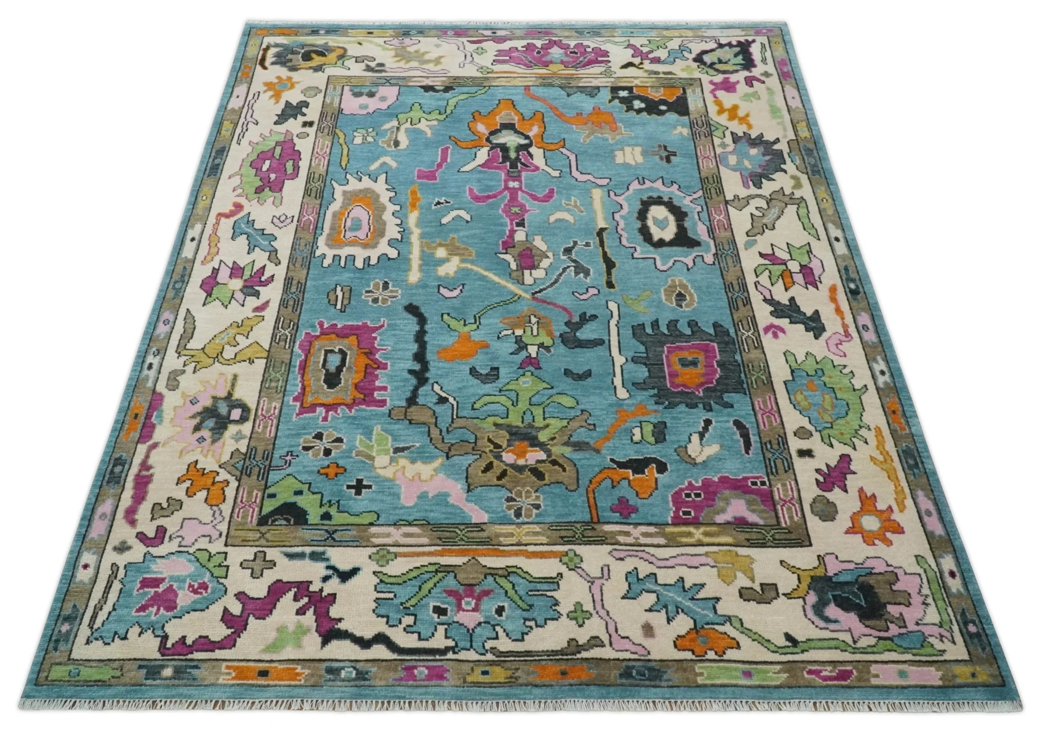 8x10 Traditional Blue and Ivory Vibrant colorful Hand knotted oushak wool area rug - Image 10