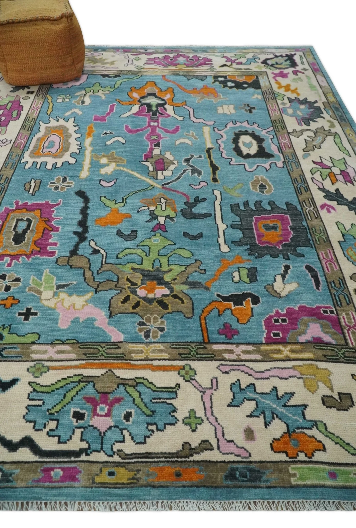 8x10 Traditional Blue and Ivory Vibrant colorful Hand knotted oushak wool area rug - Image 3
