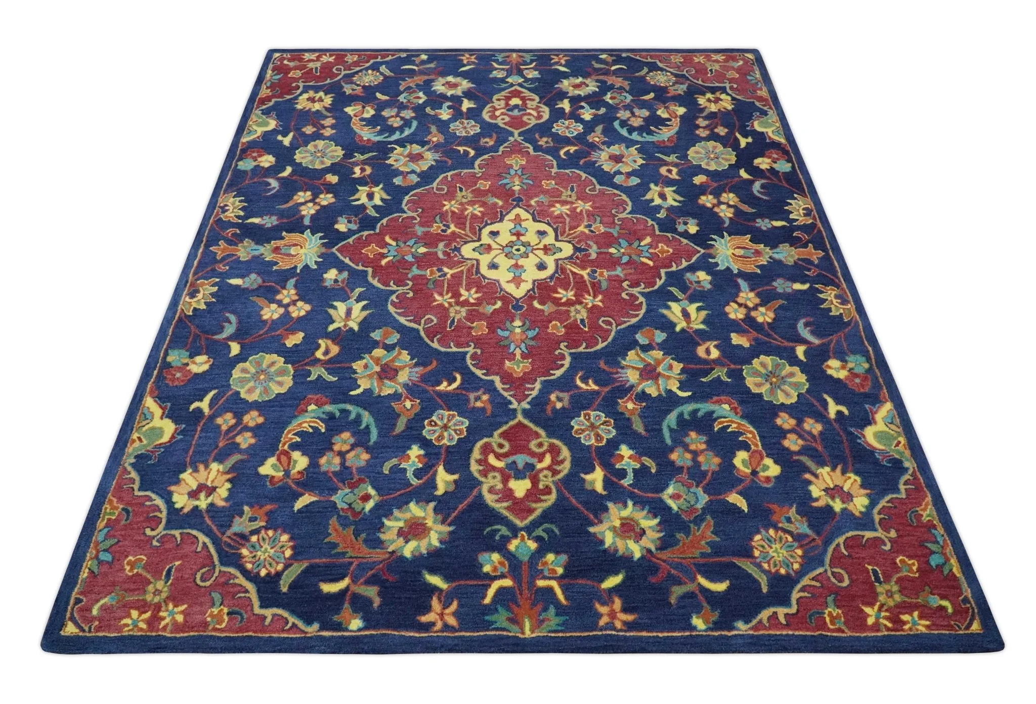 Traditional Blue and Red Hand Tufted Turkish Design Wool Area Rug - Image 10