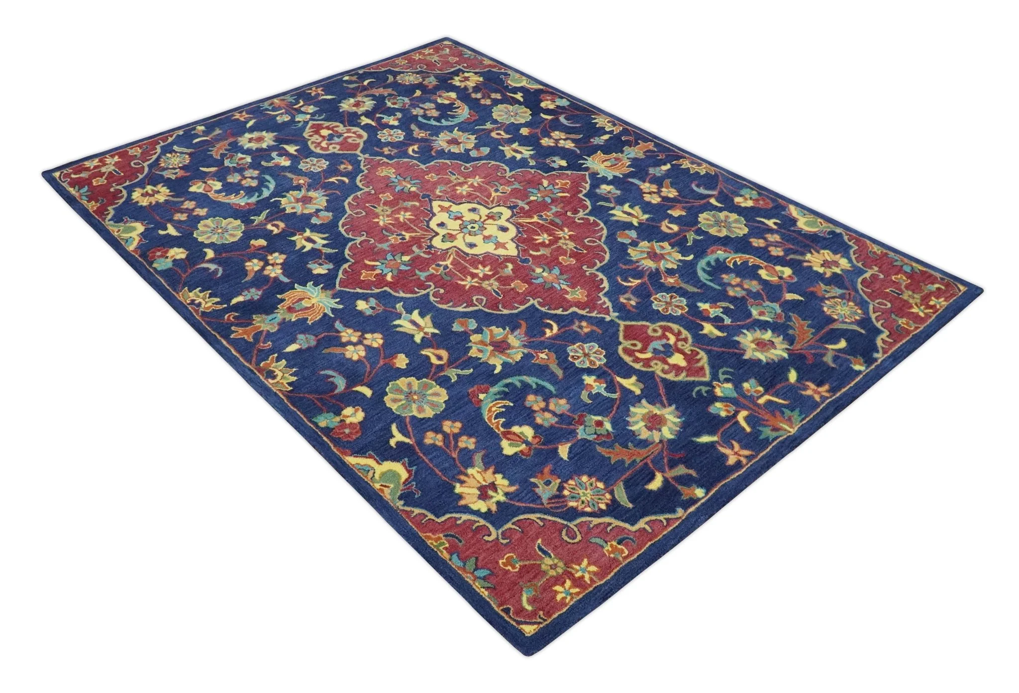 Traditional Blue and Red Hand Tufted Turkish Design Wool Area Rug - Image 9