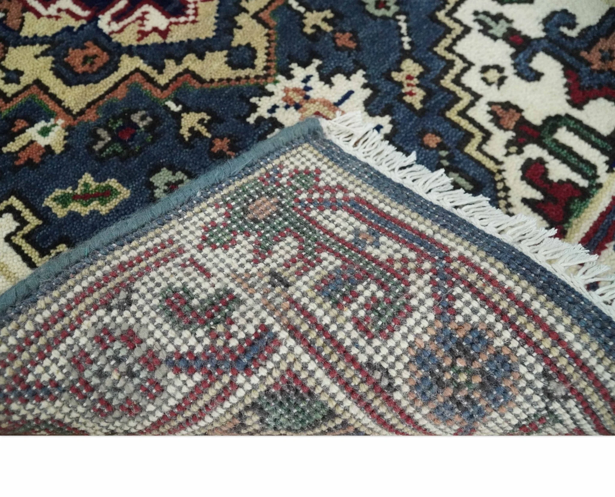 Traditional Blue, Beige and Ivory Heriz Serapi Hand knotted 2.7x7.9 wool Area Rug - Image 5