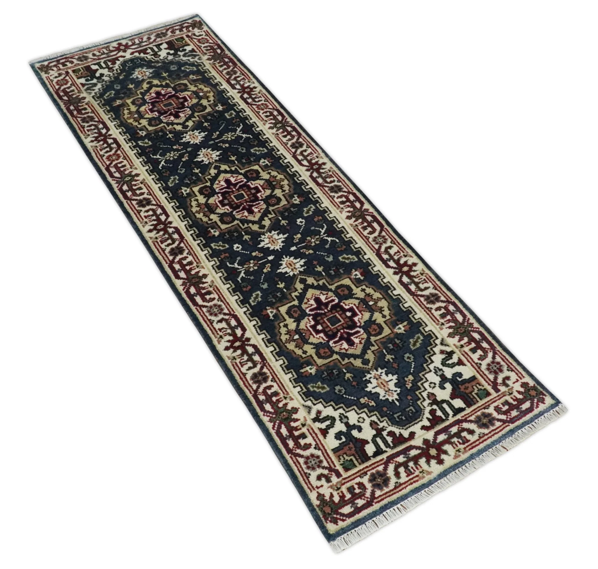 Traditional Blue, Beige and Ivory Heriz Serapi Hand knotted 2.7x7.9 wool Area Rug - Image 7