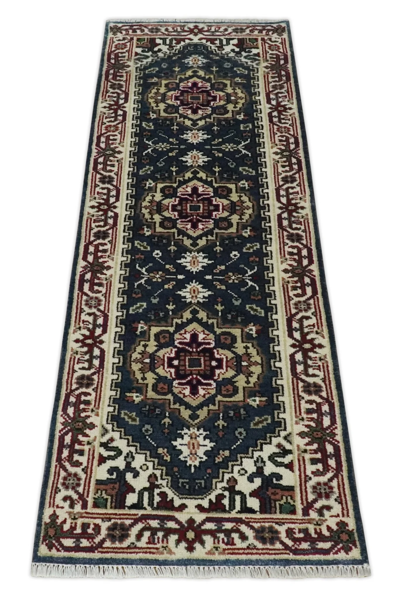 Traditional Blue, Beige and Ivory Heriz Serapi Hand knotted 2.7x7.9 wool Area Rug - Image 8