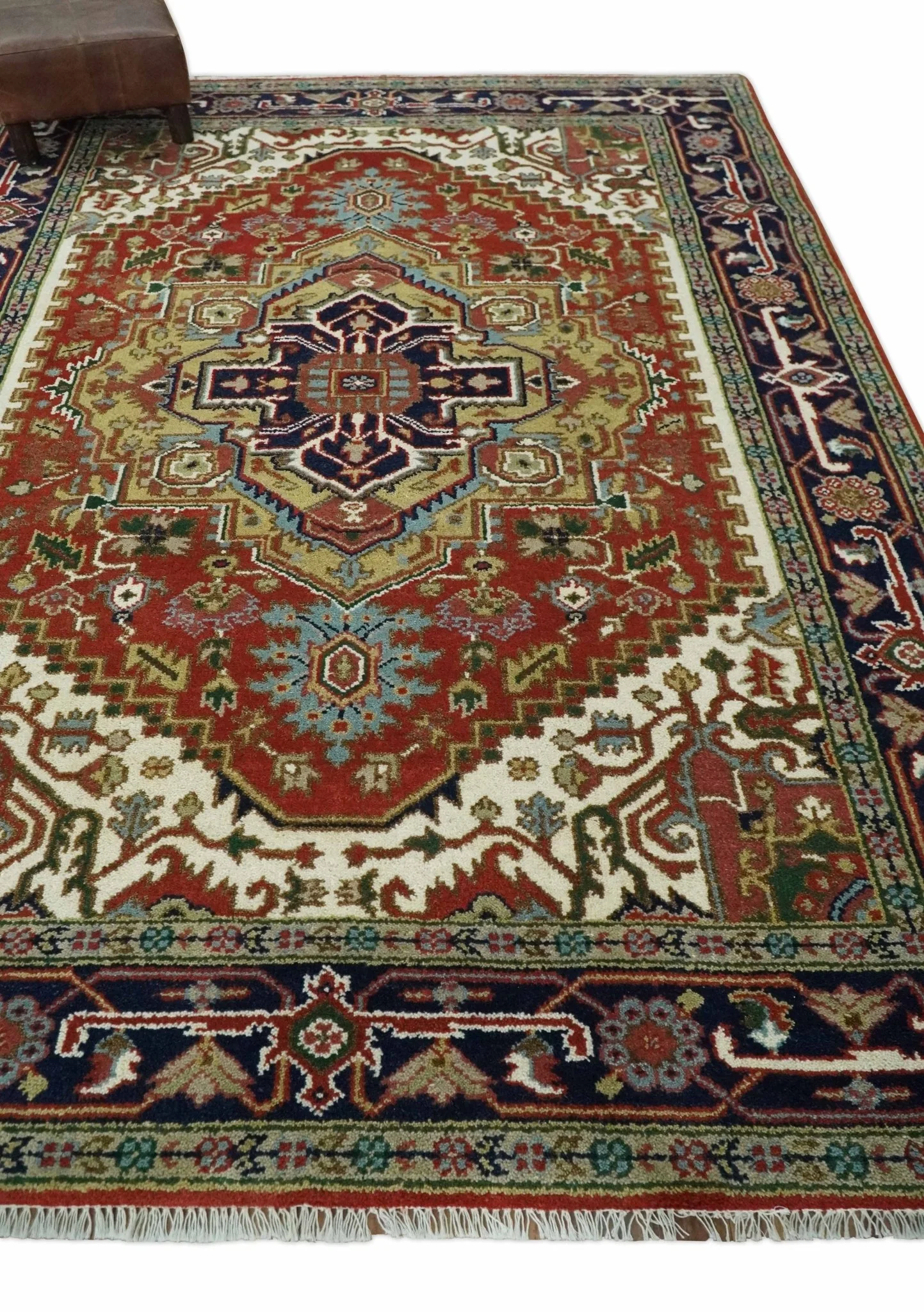 Traditional Blue, Rust and Ivory Heriz Serapi Hand knotted Multi Size wool Area Rug - Image 3
